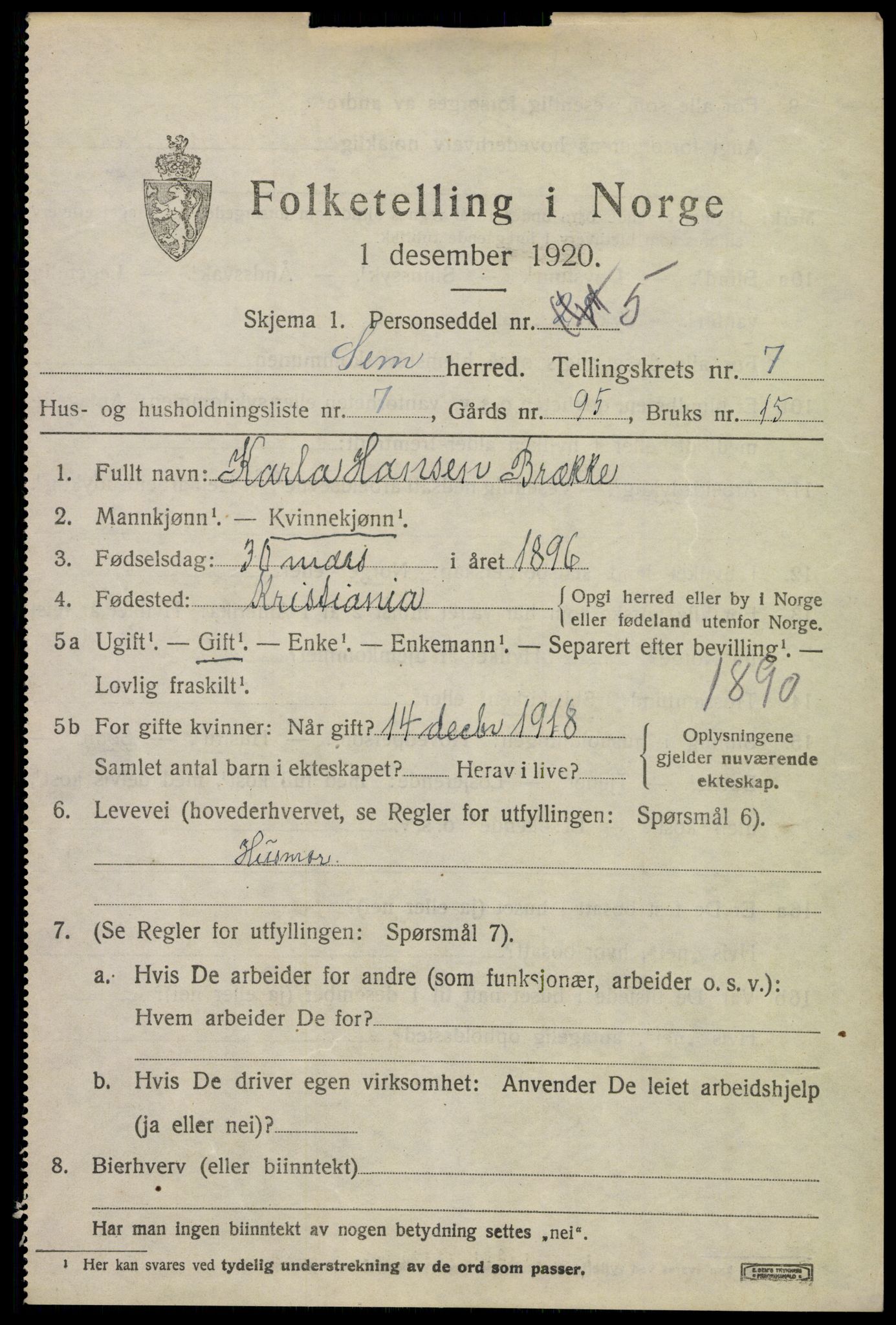 SAKO, Folketelling 1920 for 0721 Sem herred, 1920, s. 10397