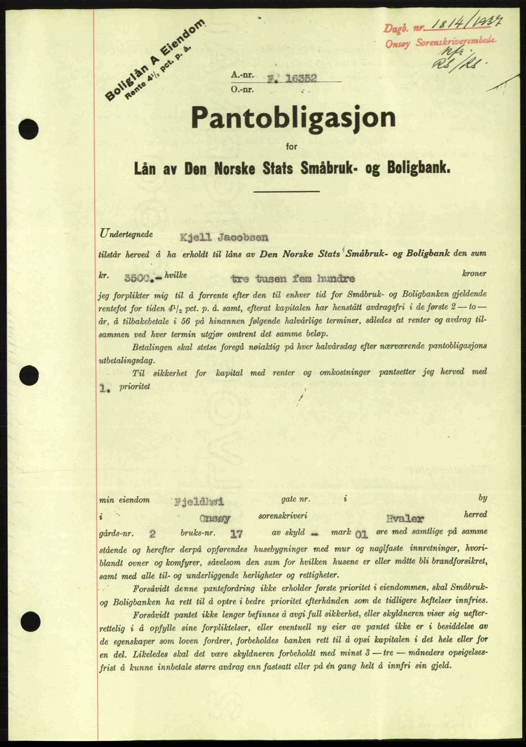 Onsøy sorenskriveri, SAO/A-10474/G/Ga/Gac/L0001: Pantebok nr. B1, 1936-1938, Dagboknr: 1814/1937