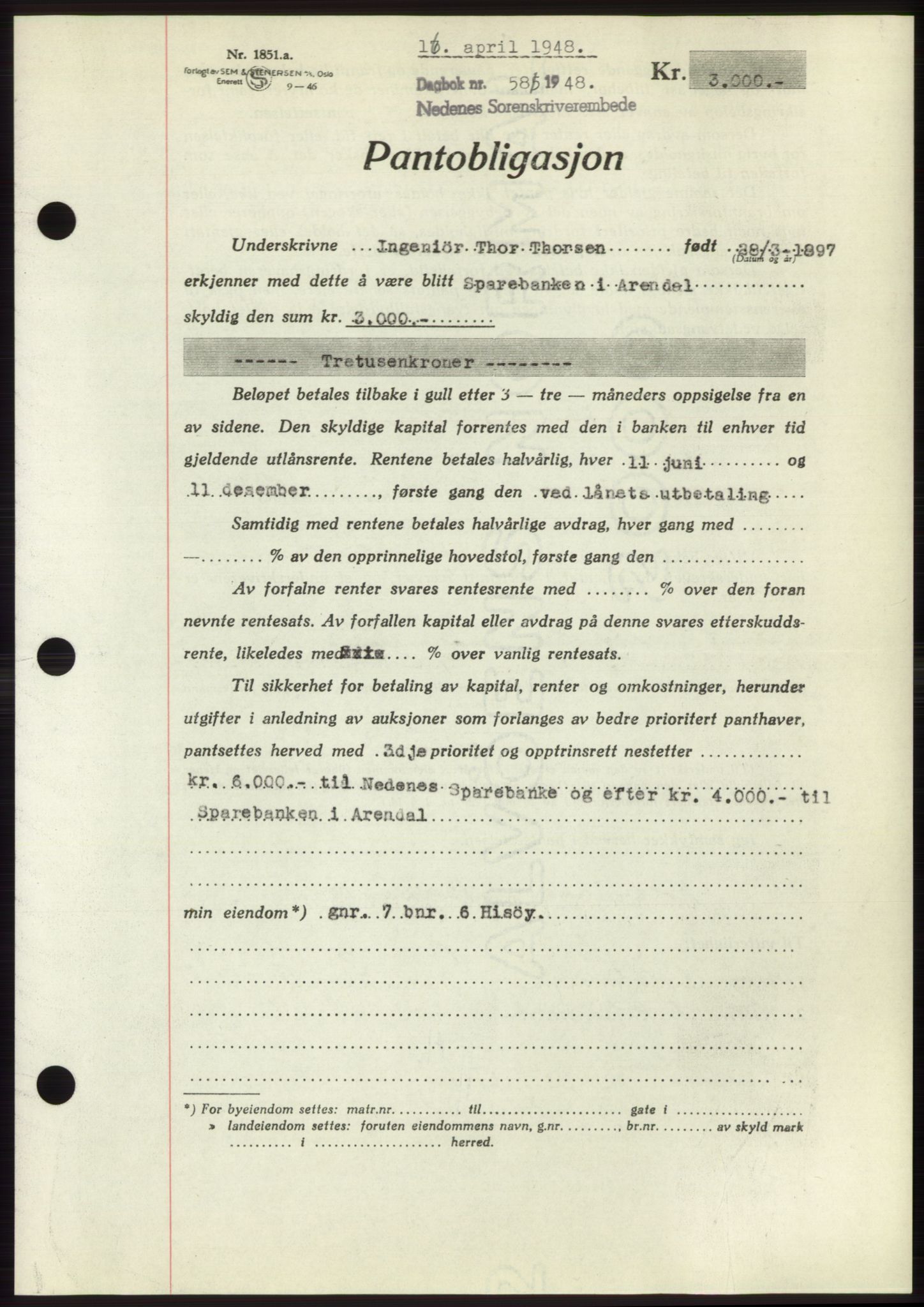 Nedenes sorenskriveri, AV/SAK-1221-0006/G/Gb/Gbb/L0005: Pantebok nr. B5, 1948-1948, Dagboknr: 581/1948