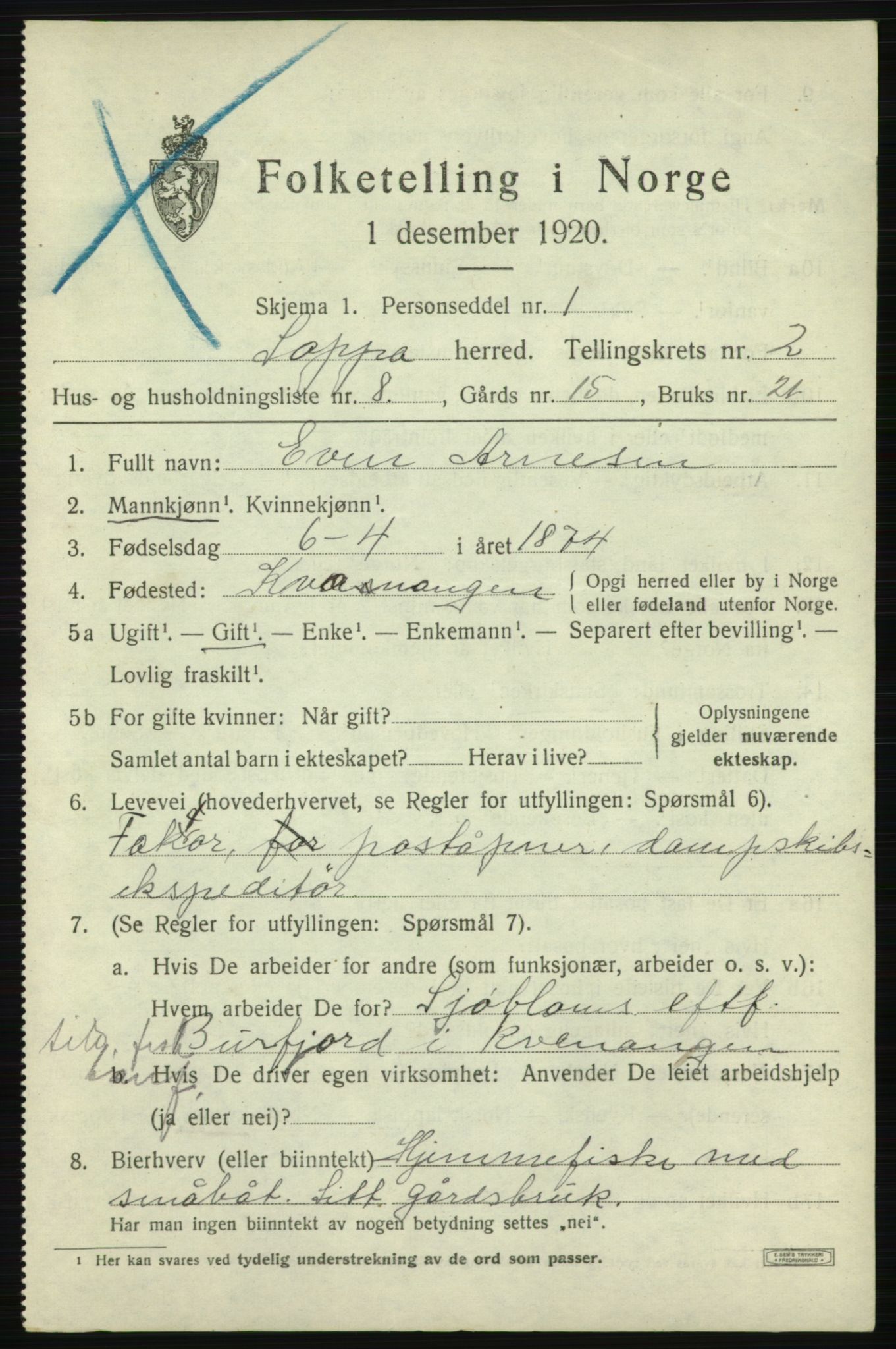 SATØ, Folketelling 1920 for 2014 Loppa herred, 1920, s. 896
