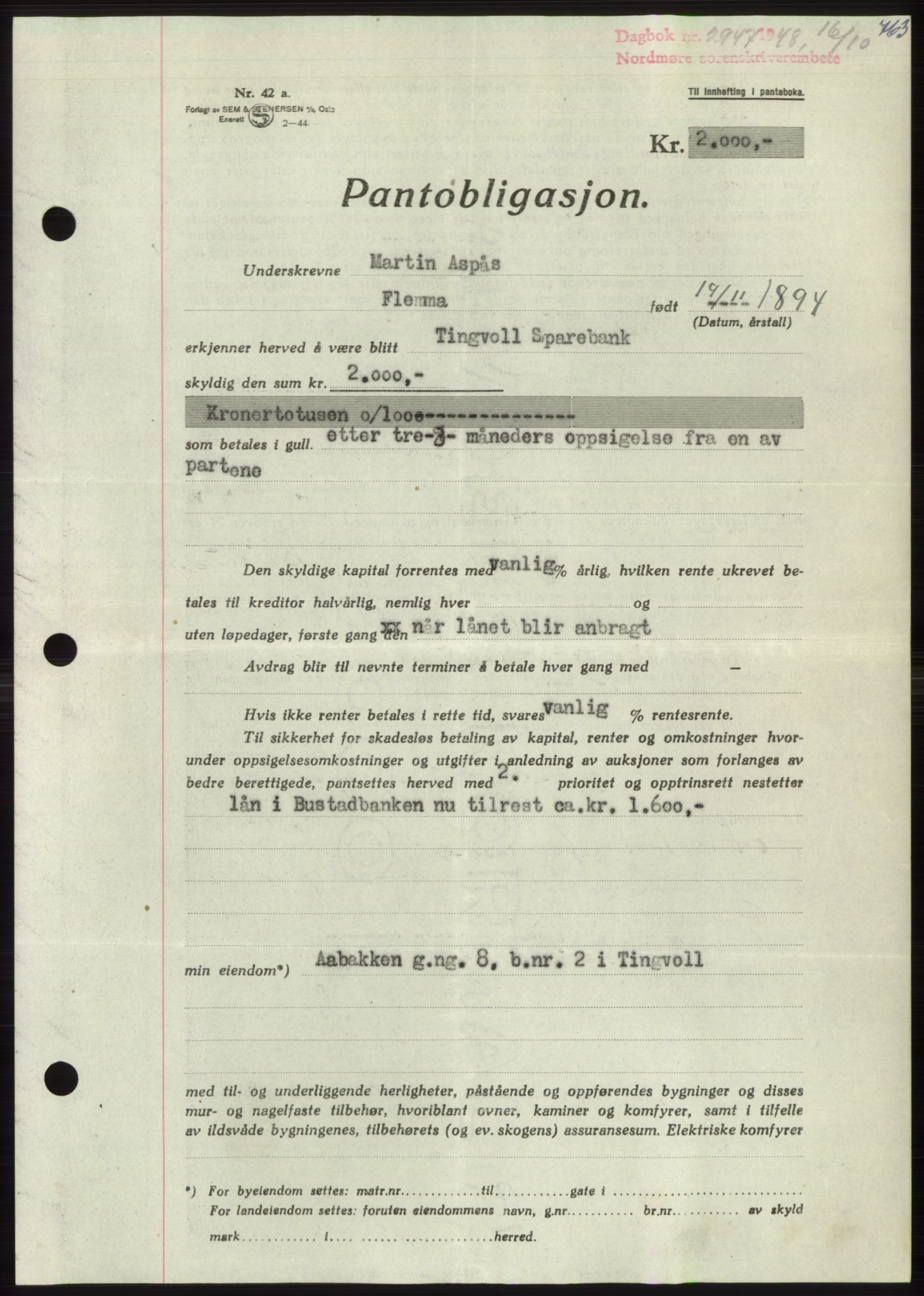 Nordmøre sorenskriveri, SAT/A-4132/1/2/2Ca: Pantebok nr. B99, 1948-1948, Dagboknr: 2947/1948