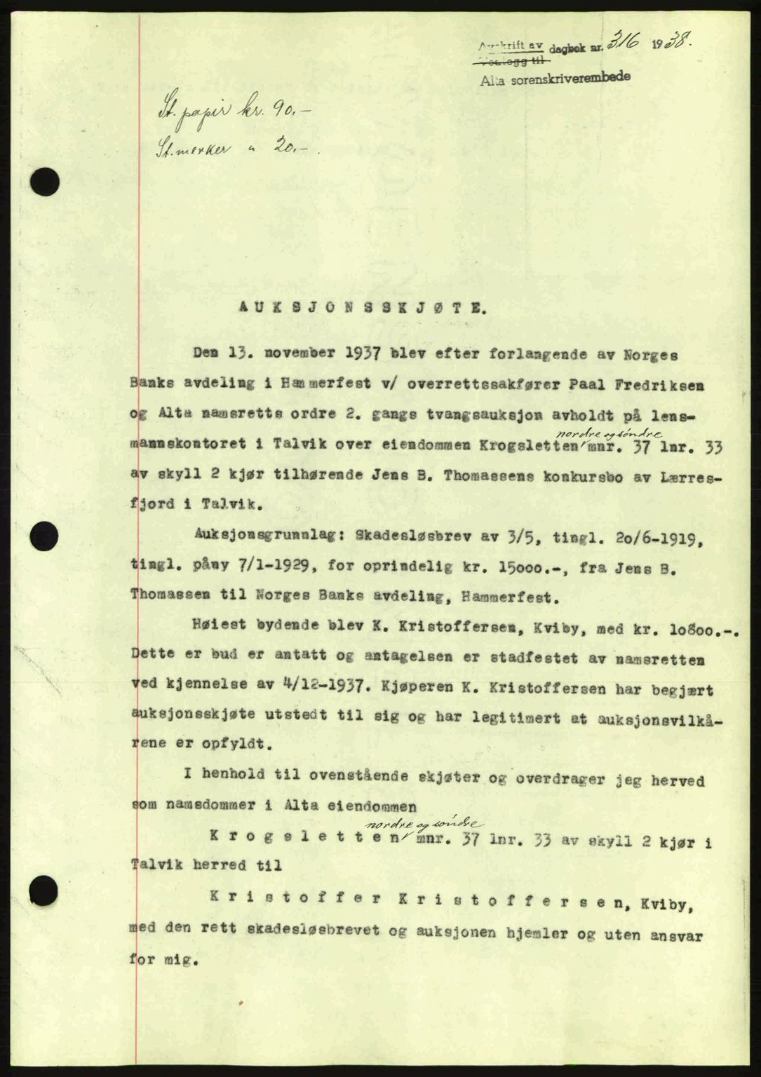 Alta fogderi/sorenskriveri, SATØ/SATØ-5/1/K/Kd/L0031pantebok: Pantebok nr. 31, 1938-1939, Dagboknr: 316/1938