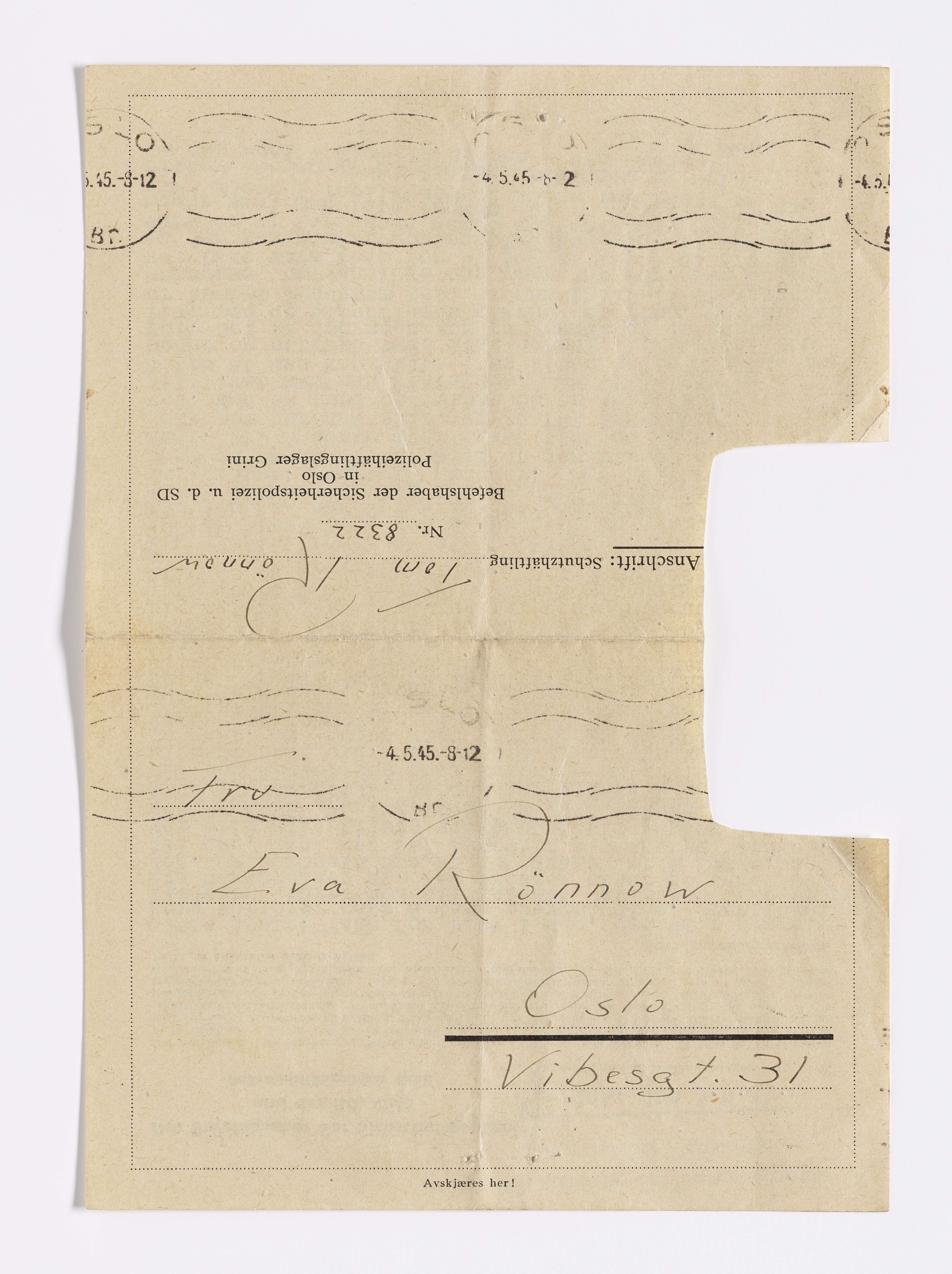 Thomas Rønnow, AFM/GRI-1014/D/Da/L0001/0001: Brev og dokumenter / Brev, 1945