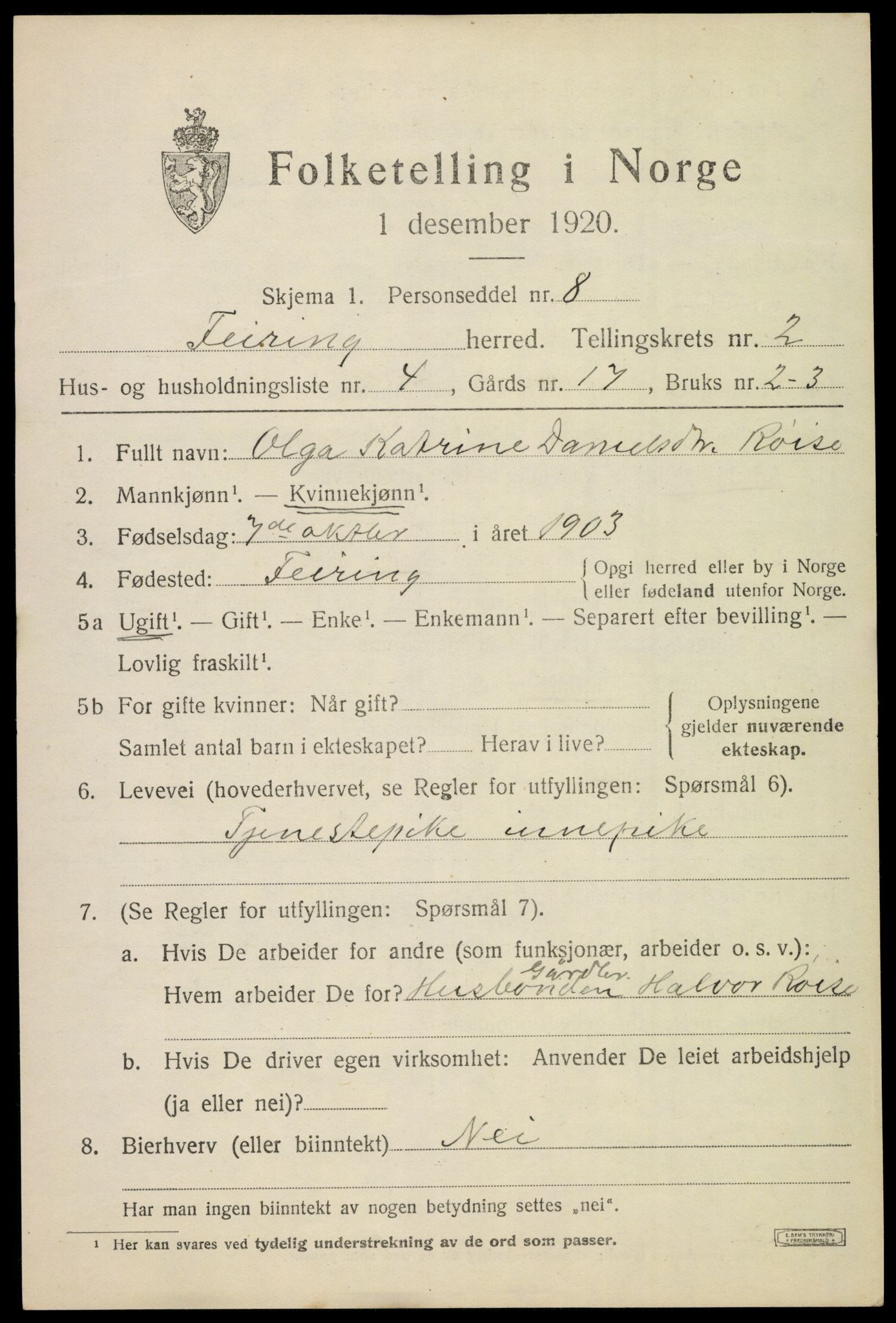 SAO, Folketelling 1920 for 0240 Feiring herred, 1920, s. 802