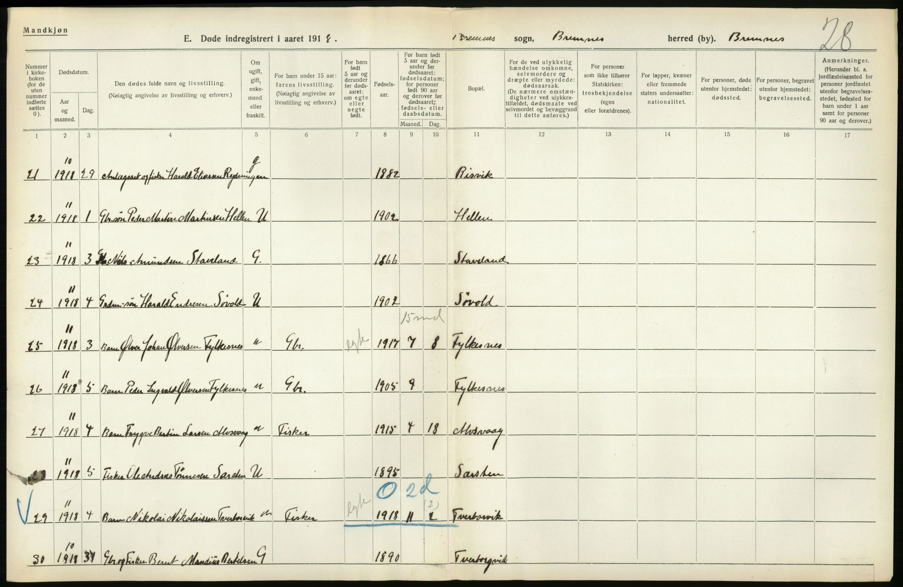 Statistisk sentralbyrå, Sosiodemografiske emner, Befolkning, AV/RA-S-2228/D/Df/Dfb/Dfbh/L0036: Hordaland fylke: Døde., 1918, s. 70