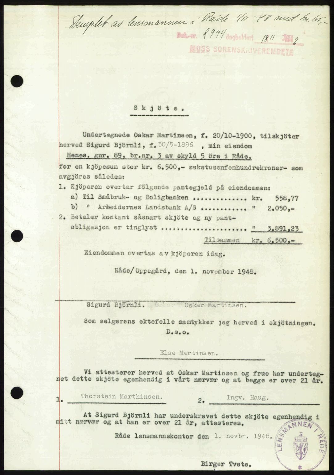 Moss sorenskriveri, SAO/A-10168: Pantebok nr. A20, 1948-1948, Dagboknr: 2974/1948