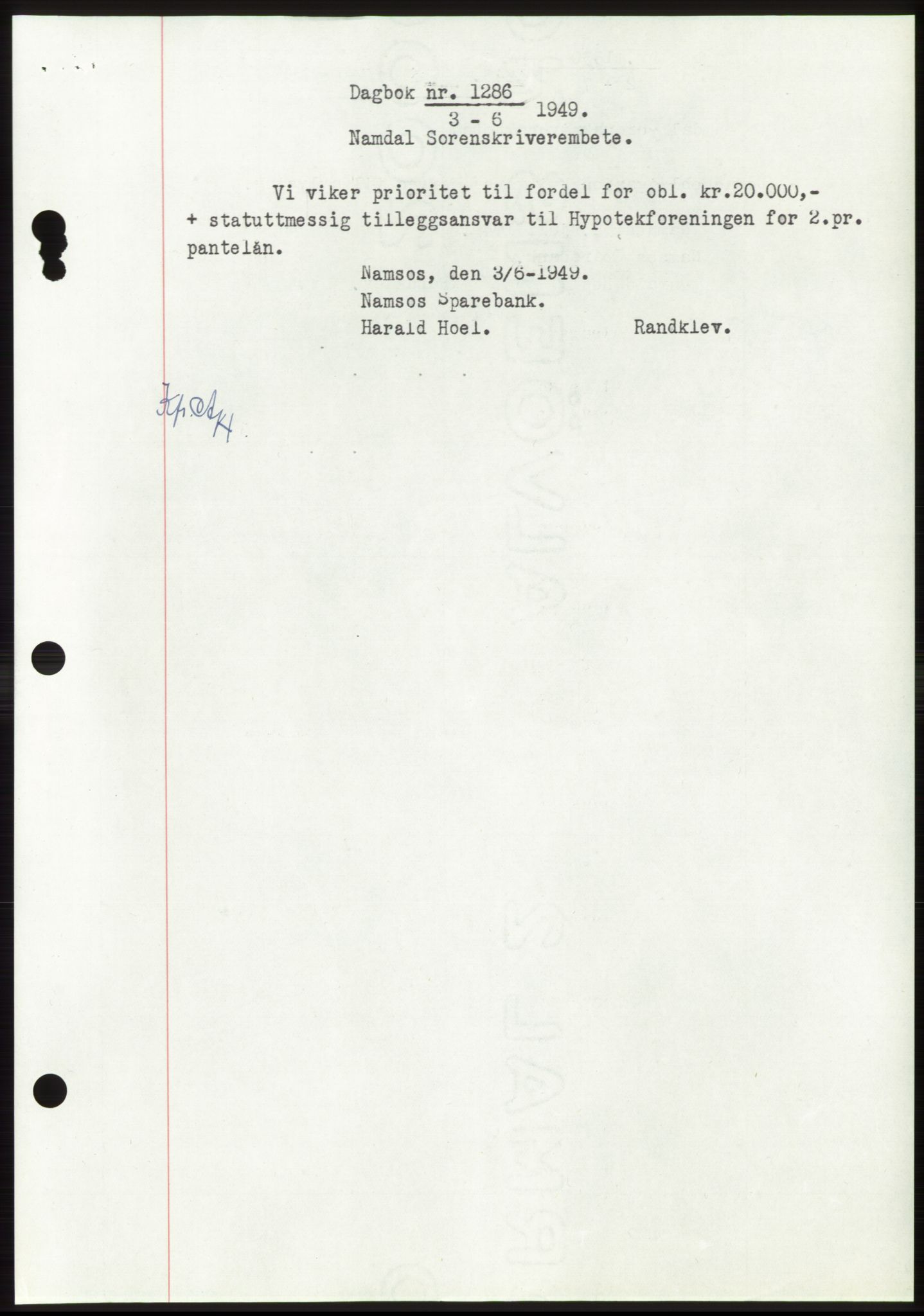Namdal sorenskriveri, SAT/A-4133/1/2/2C: Pantebok nr. -, 1949-1949, Dagboknr: 1286/1949