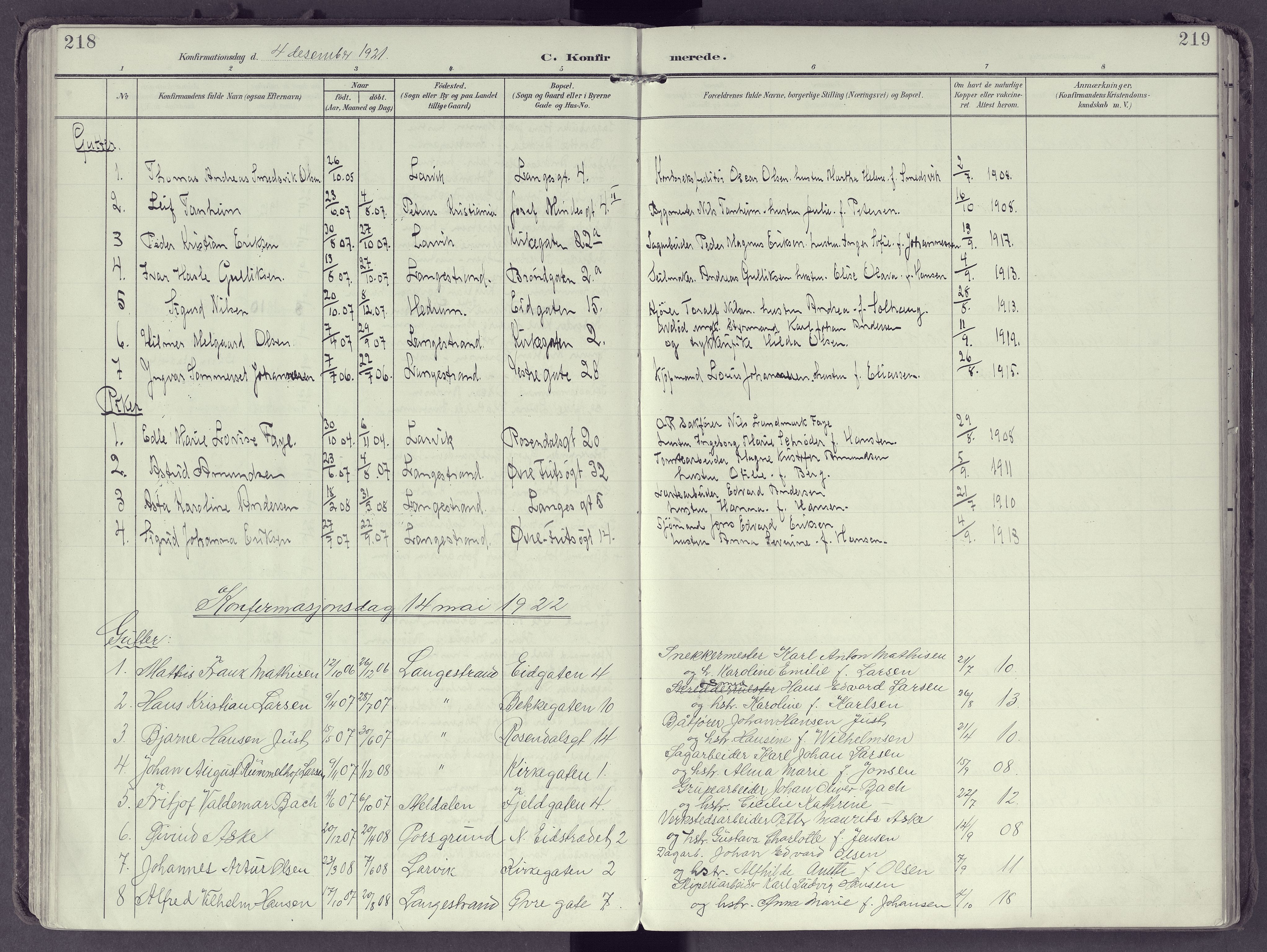 Larvik kirkebøker, SAKO/A-352/F/Fb/L0005: Ministerialbok nr. II 5, 1903-1925, s. 218-219
