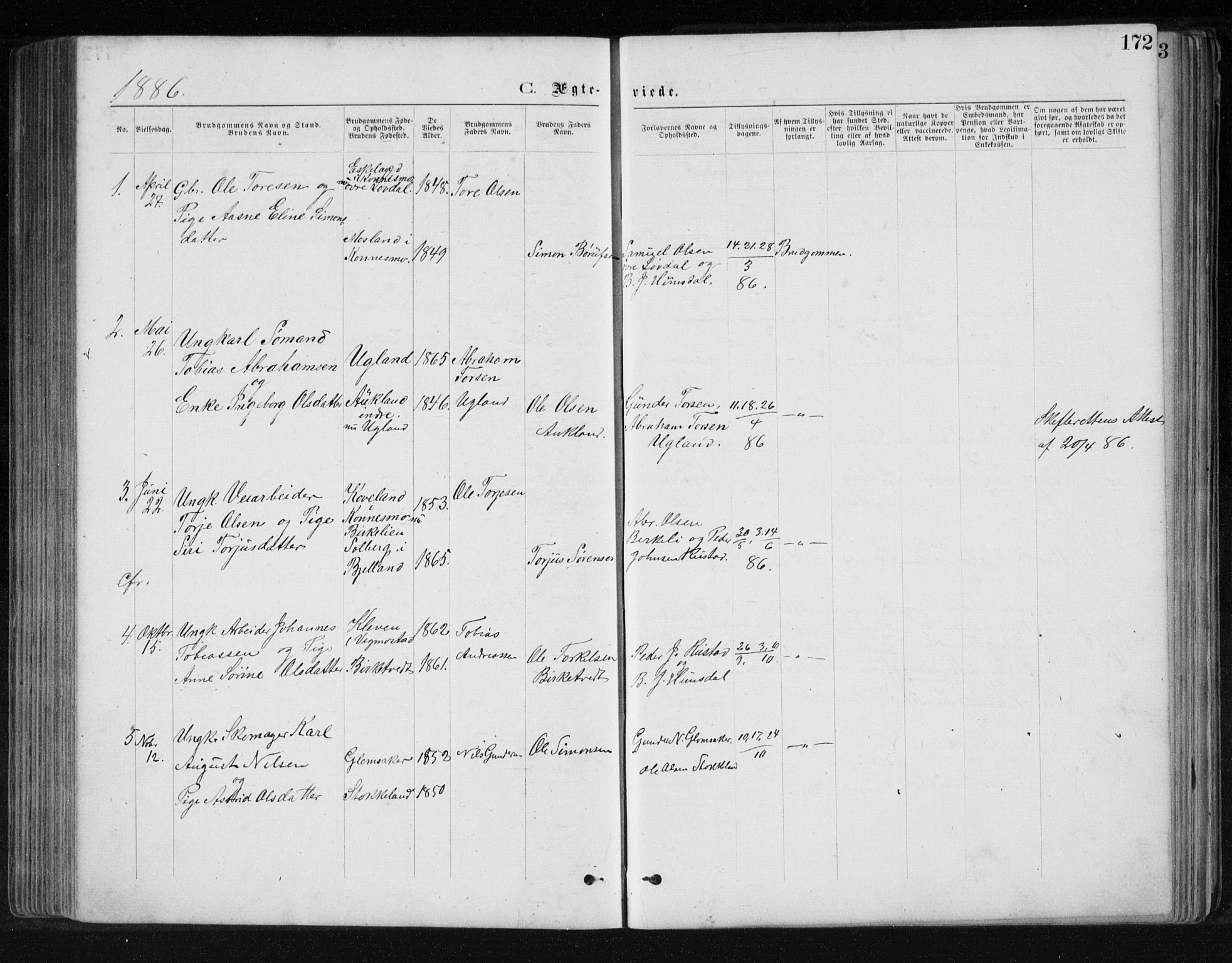 Holum sokneprestkontor, AV/SAK-1111-0022/F/Fb/Fbb/L0003: Klokkerbok nr. B 3, 1875-1898, s. 172