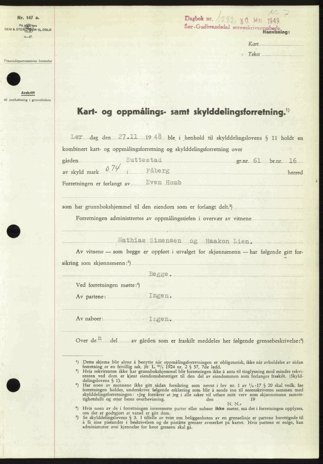 Sør-Gudbrandsdal tingrett, SAH/TING-004/H/Hb/Hbd/L0025: Pantebok nr. A25, 1949-1949, Dagboknr: 1282/1949