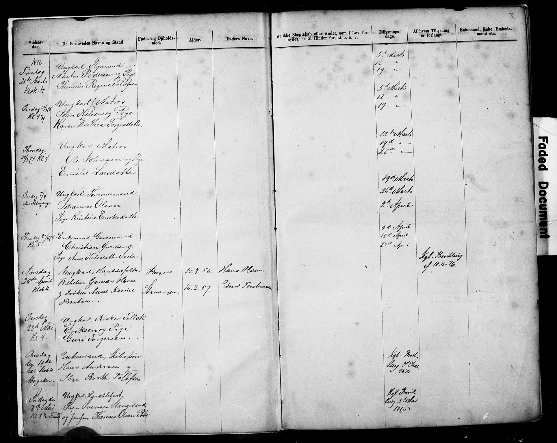 Domkirken sokneprestkontor, AV/SAST-A-101812/001/30/30BB/L0014: Klokkerbok nr. B 14, 1875-1902, s. 3