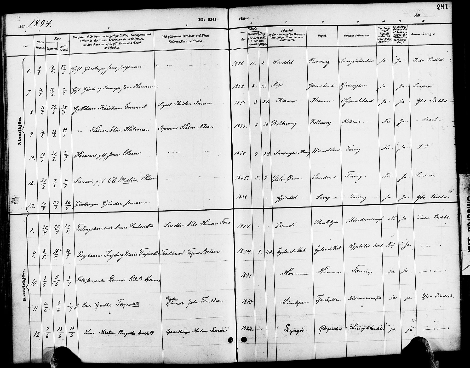 Søndeled sokneprestkontor, AV/SAK-1111-0038/F/Fa/L0005: Ministerialbok nr. A 5, 1889-1899, s. 281