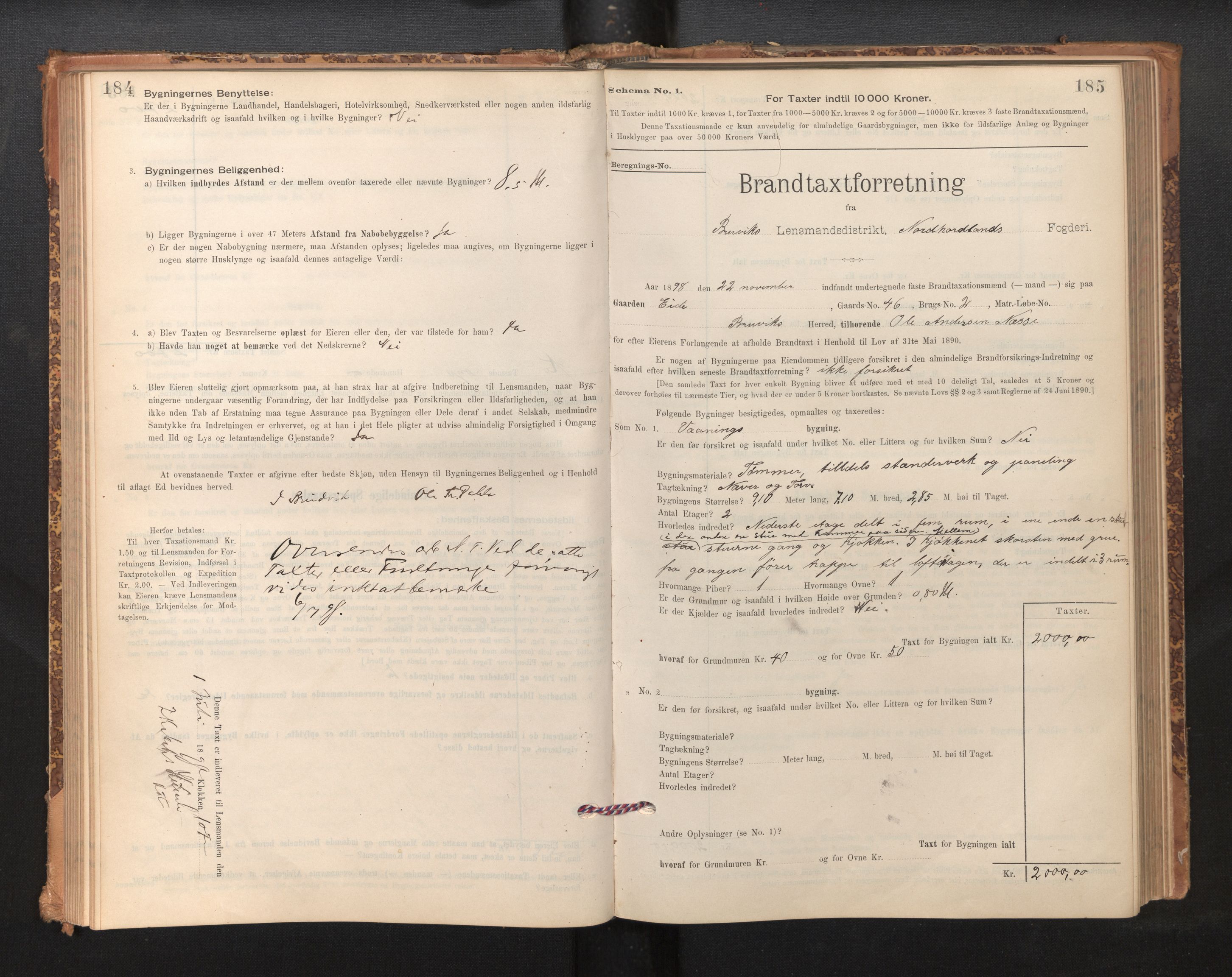 Lensmannen i Bruvik, SAB/A-31301/0012/L0006: Branntakstprotokoll, skjematakst, 1894-1906, s. 184-185