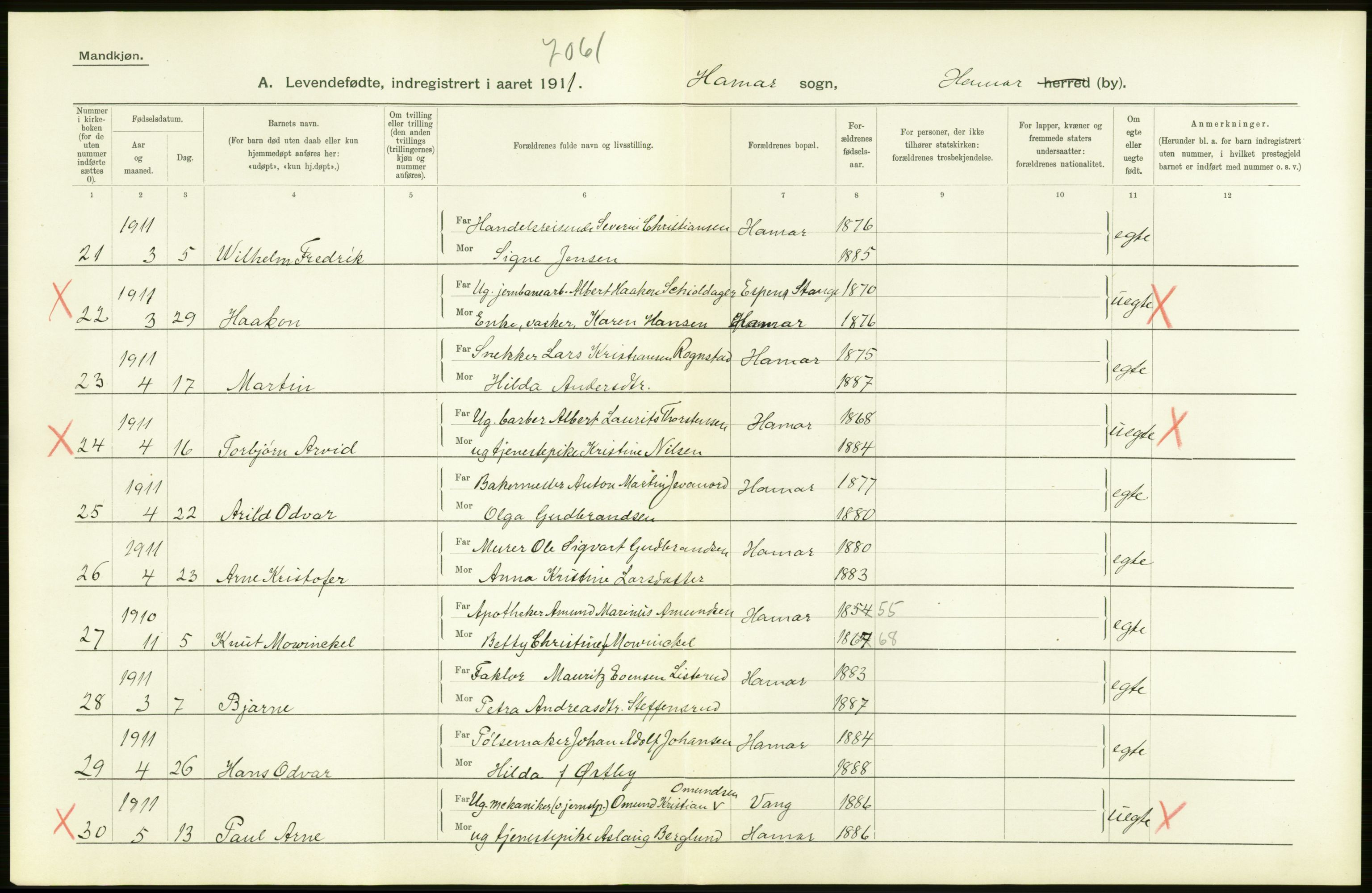 Statistisk sentralbyrå, Sosiodemografiske emner, Befolkning, AV/RA-S-2228/D/Df/Dfb/Dfba/L0011: Hedemarkens amt: Levendefødte menn og kvinner. Bygder og byer., 1911, s. 14