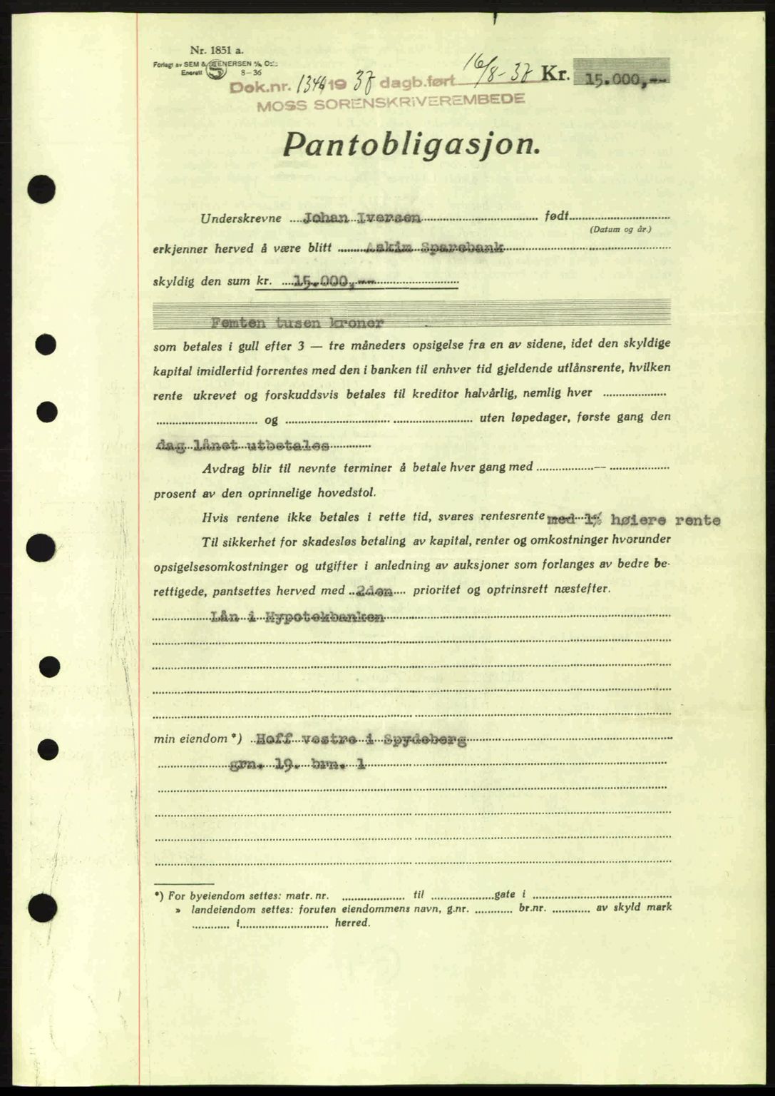 Moss sorenskriveri, SAO/A-10168: Pantebok nr. B3, 1937-1937, Dagboknr: 1346/1937