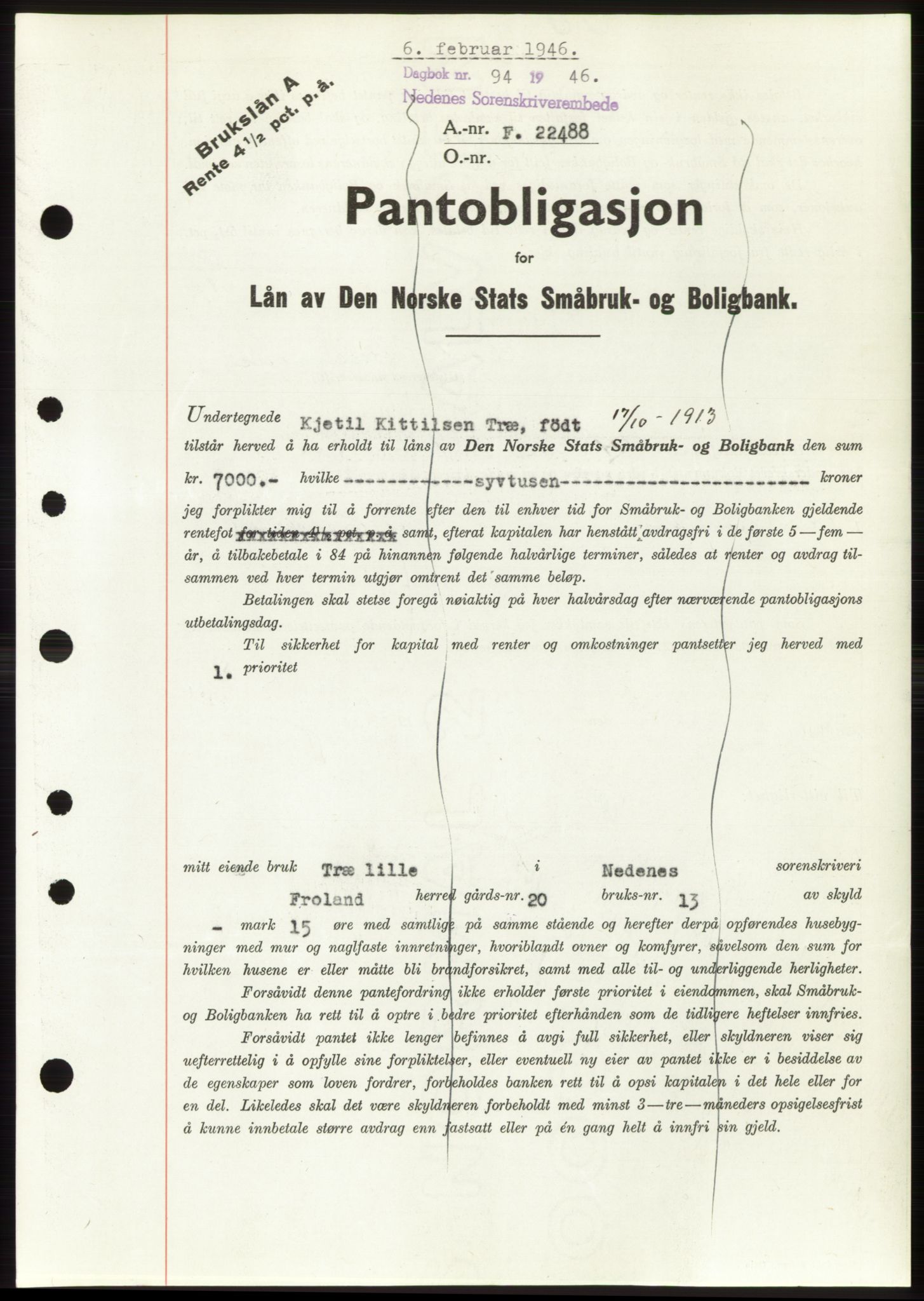 Nedenes sorenskriveri, SAK/1221-0006/G/Gb/Gbb/L0003: Pantebok nr. B3b, 1946-1946, Dagboknr: 94/1946