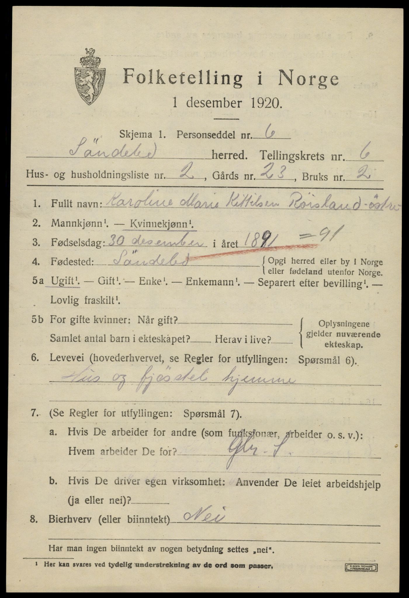 SAK, Folketelling 1920 for 0913 Søndeled herred, 1920, s. 3719