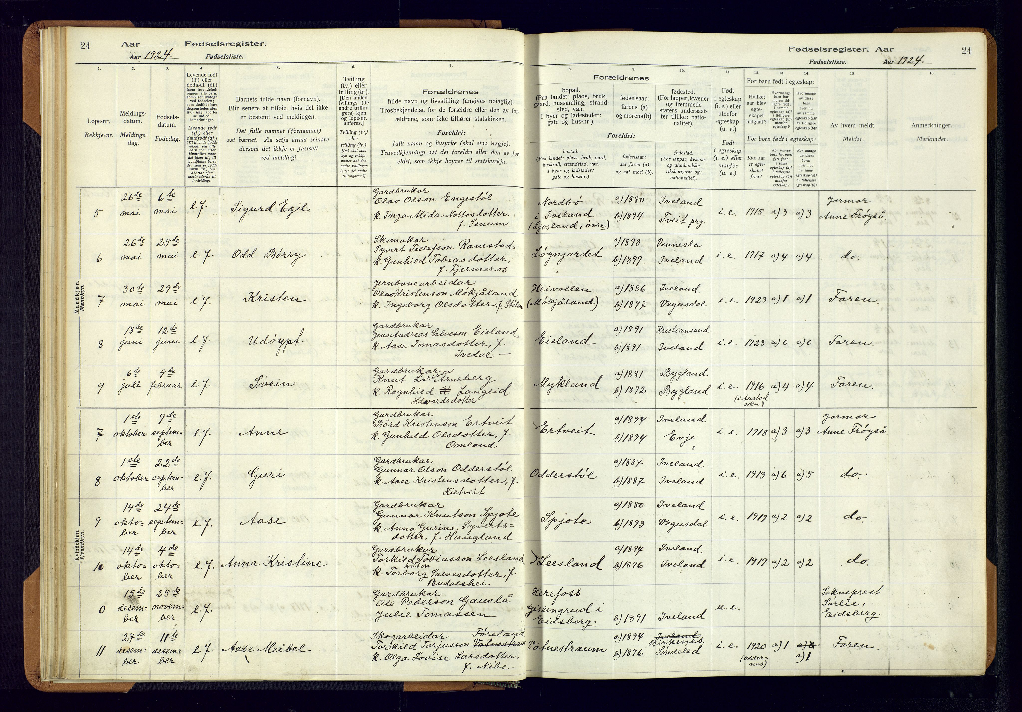 Evje sokneprestkontor, AV/SAK-1111-0008/J/Jc/L0003: Fødselsregister nr. II.4.3, 1916-1982, s. 24