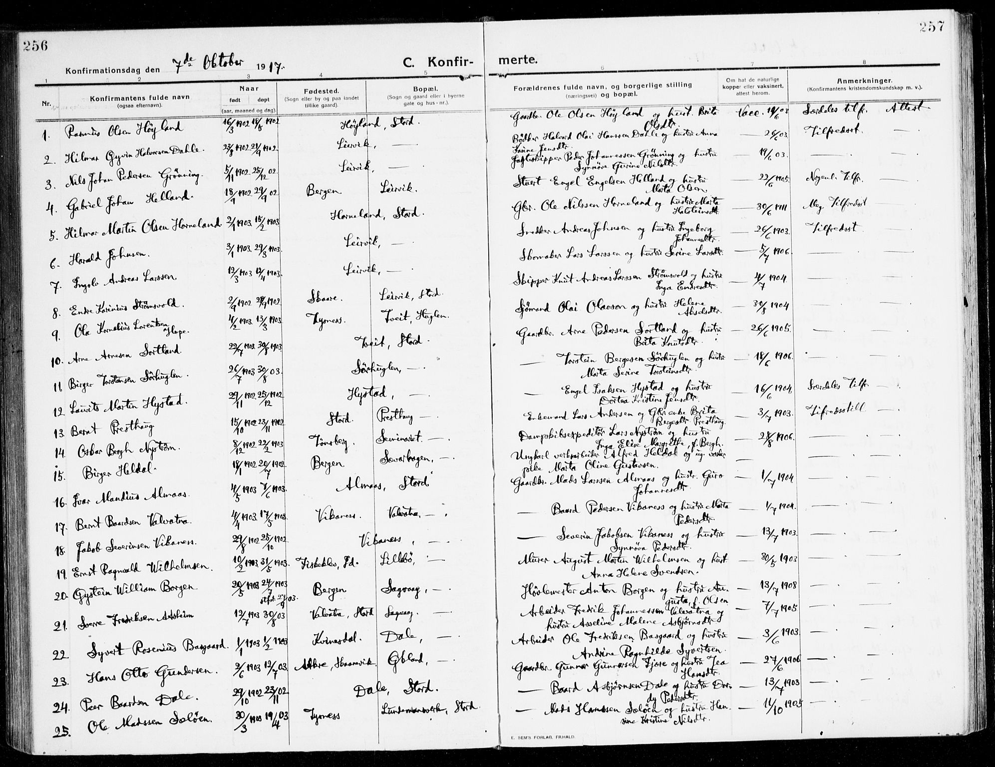 Stord sokneprestembete, AV/SAB-A-78201/H/Haa: Ministerialbok nr. B 3, 1913-1925, s. 256-257