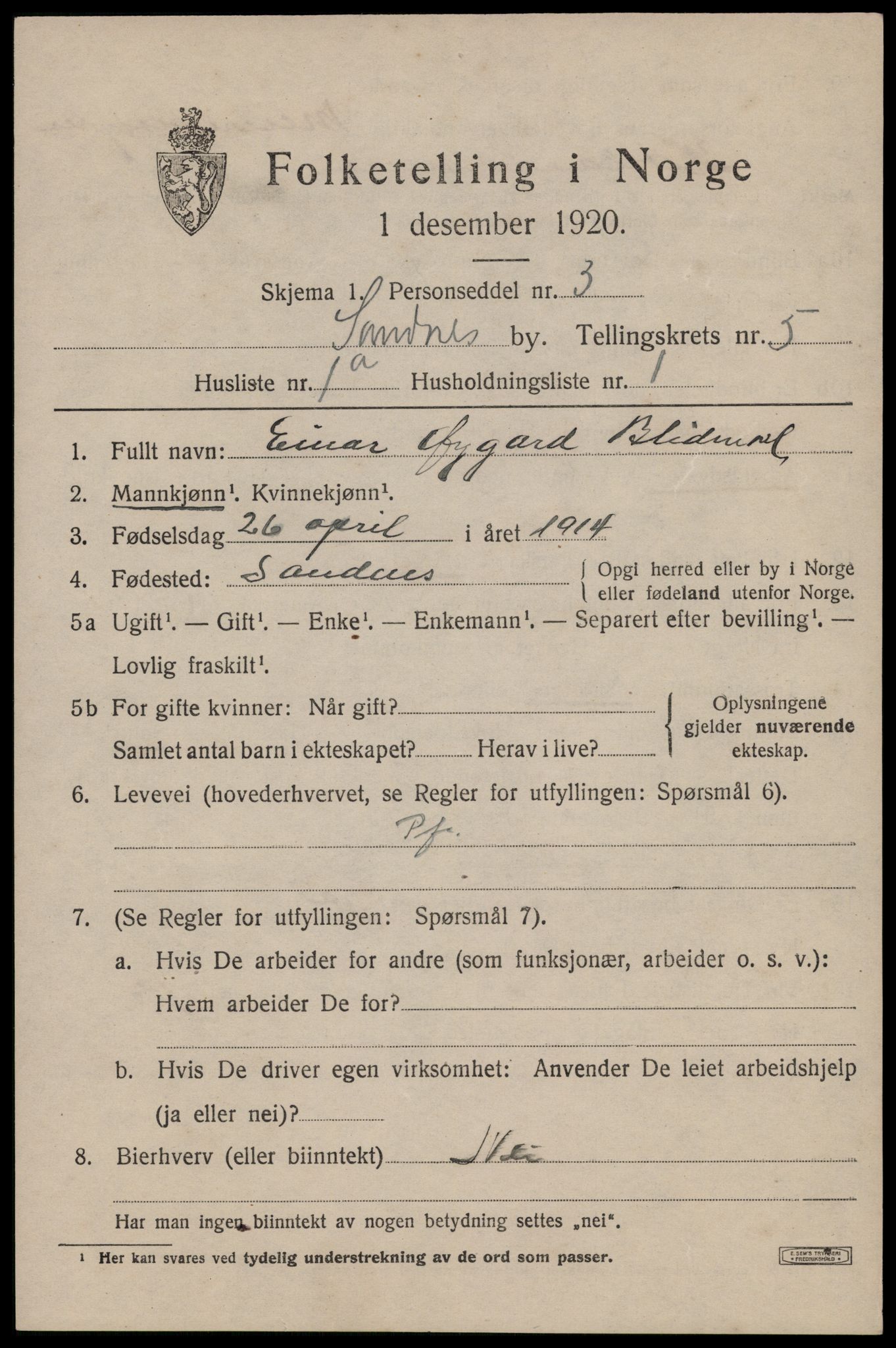 SAST, Folketelling 1920 for 1102 Sandnes ladested, 1920, s. 4628