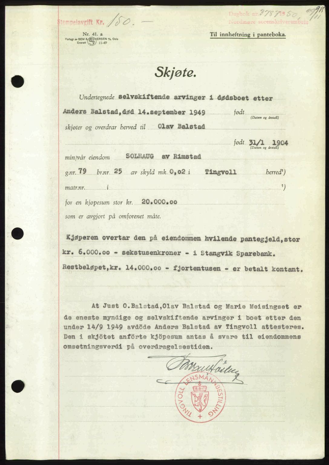 Nordmøre sorenskriveri, SAT/A-4132/1/2/2Ca: Pantebok nr. A116, 1950-1950, Dagboknr: 3787/1950
