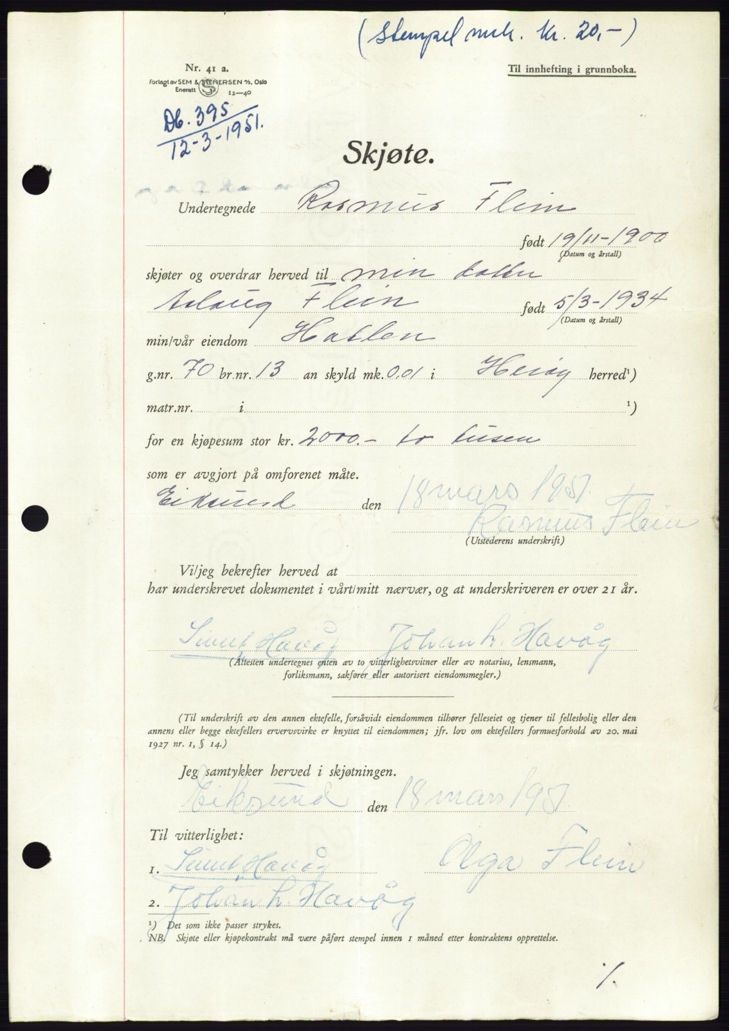 Søre Sunnmøre sorenskriveri, SAT/A-4122/1/2/2C/L0088: Pantebok nr. 14A, 1950-1951, Dagboknr: 395/1951