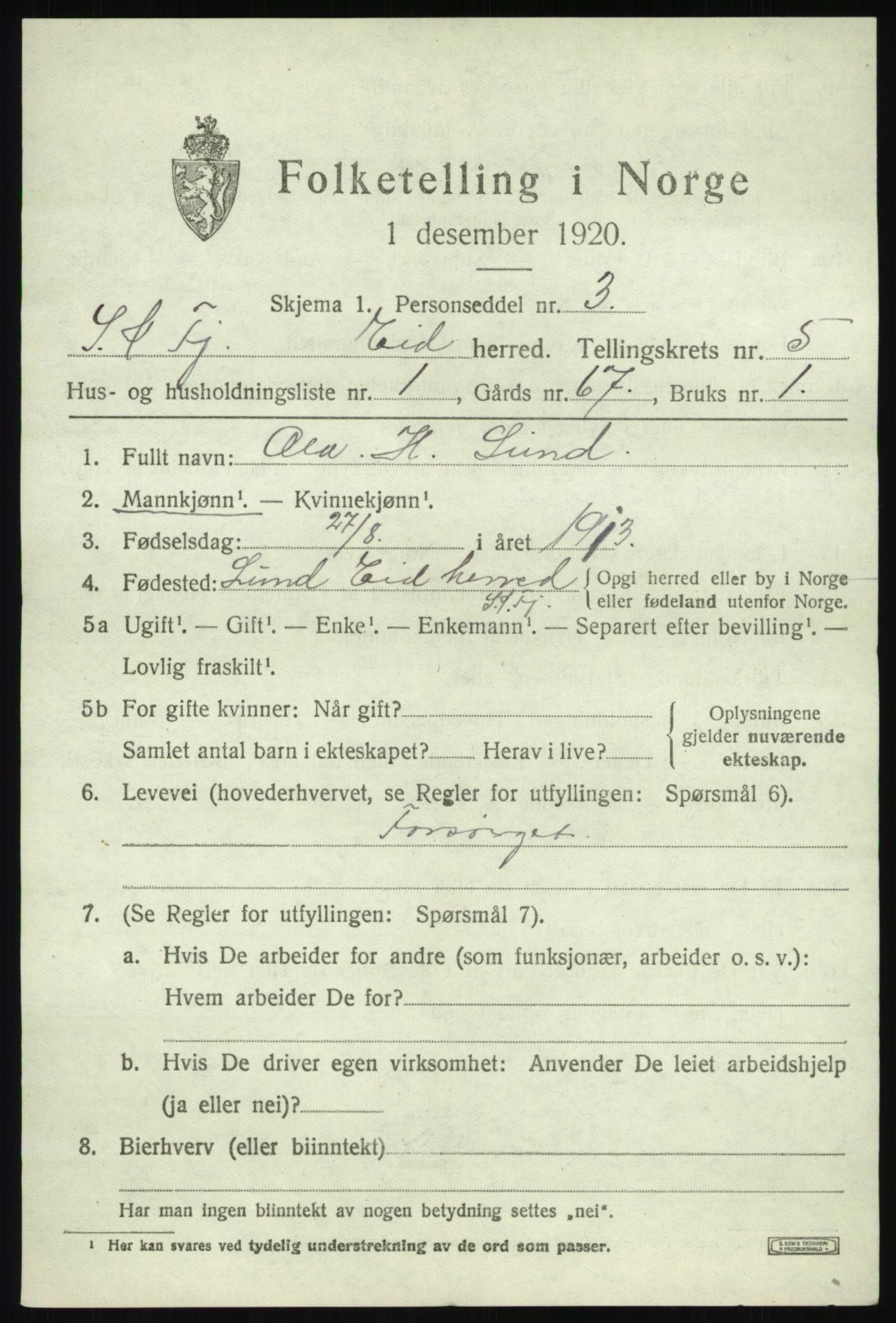 SAB, Folketelling 1920 for 1443 Eid herred, 1920, s. 2416