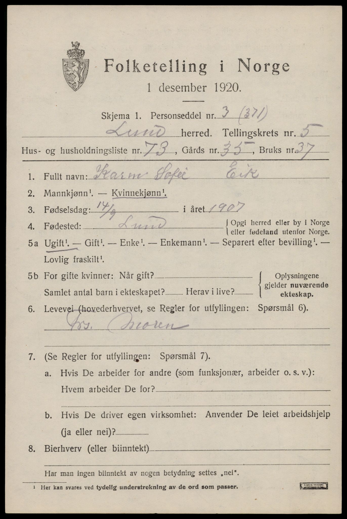 SAST, Folketelling 1920 for 1112 Lund herred, 1920, s. 3866