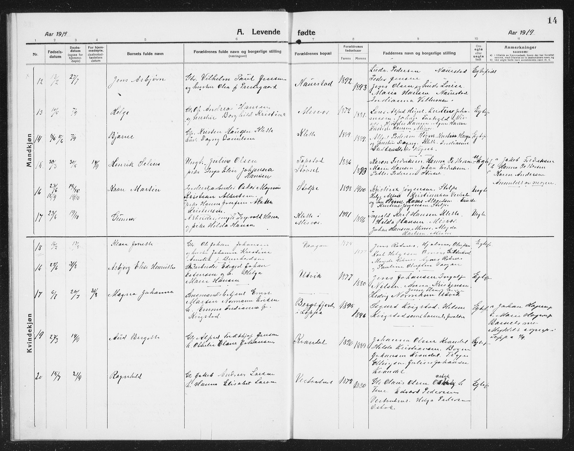 Ministerialprotokoller, klokkerbøker og fødselsregistre - Nordland, AV/SAT-A-1459/852/L0757: Klokkerbok nr. 852C08, 1916-1934, s. 14