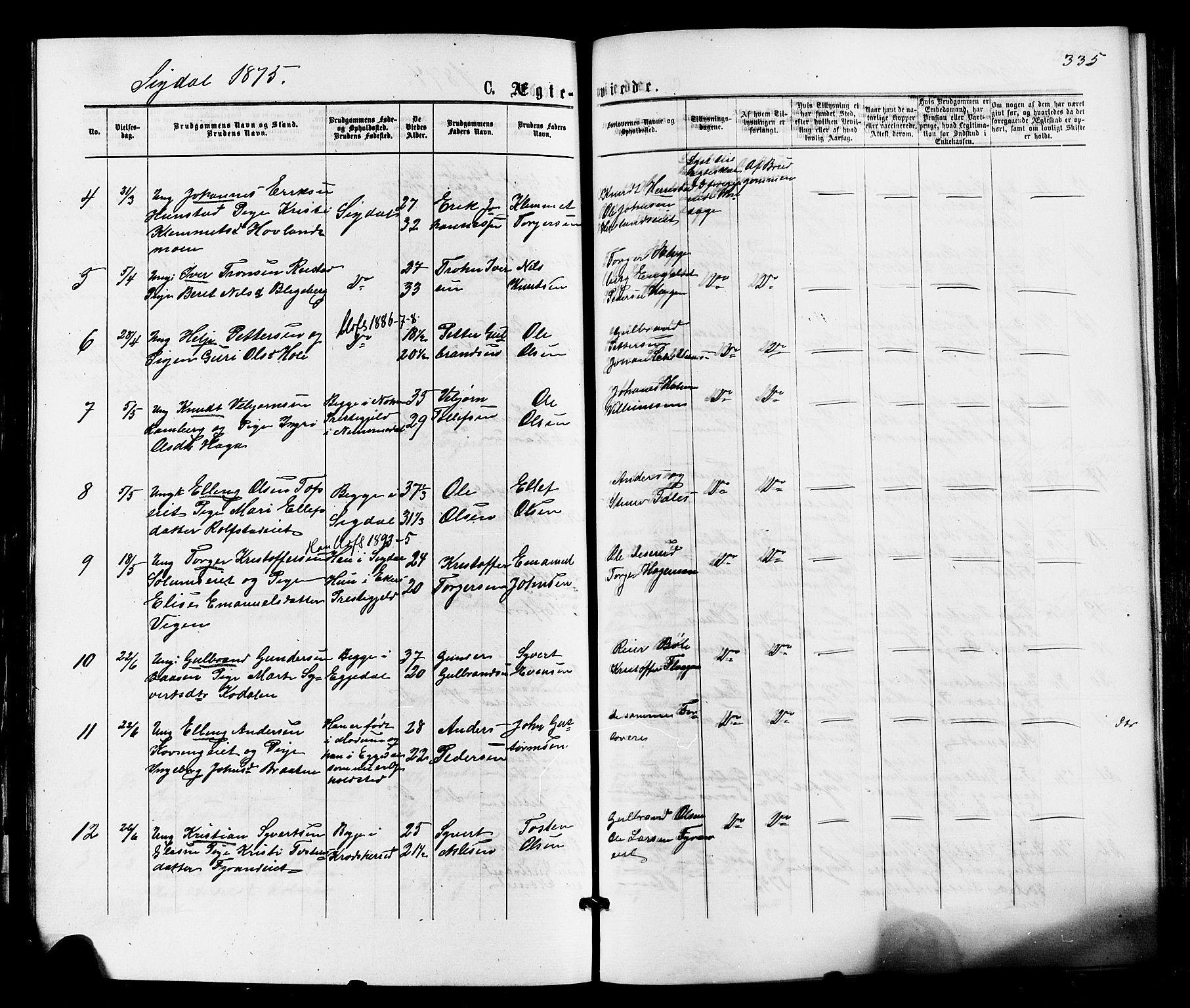 Sigdal kirkebøker, SAKO/A-245/F/Fa/L0010: Ministerialbok nr. I 10 /1, 1872-1878, s. 335