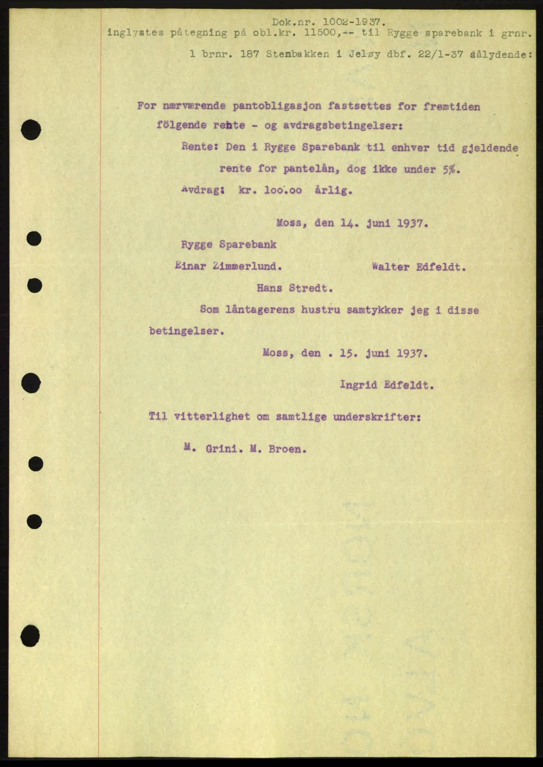 Moss sorenskriveri, SAO/A-10168: Pantebok nr. B3, 1937-1937, Dagboknr: 1002/1937