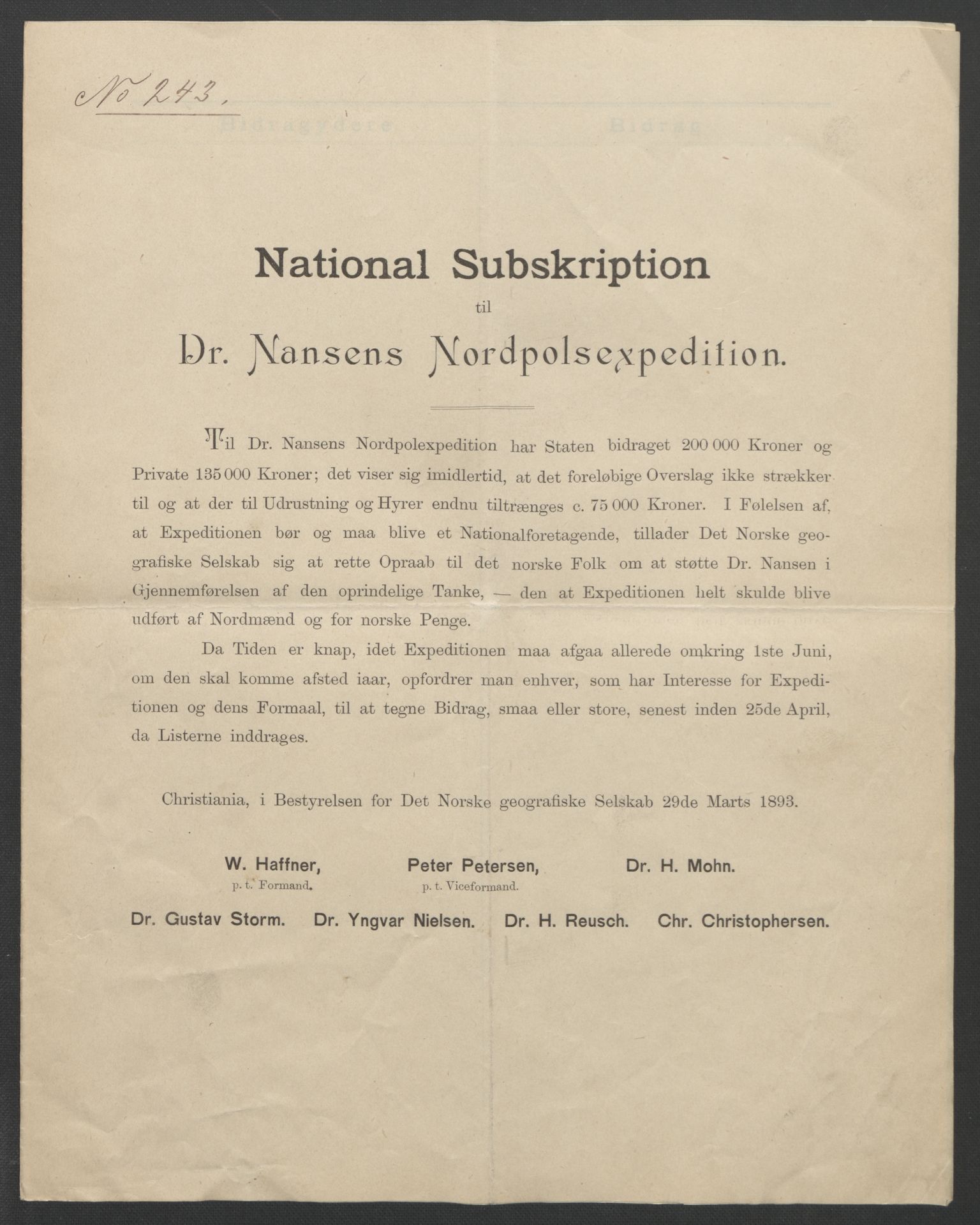 Arbeidskomitéen for Fridtjof Nansens polarekspedisjon, AV/RA-PA-0061/D/L0001/0004: Pengeinnsamlingen / Bidragslister med følgebrev, 1893, s. 25