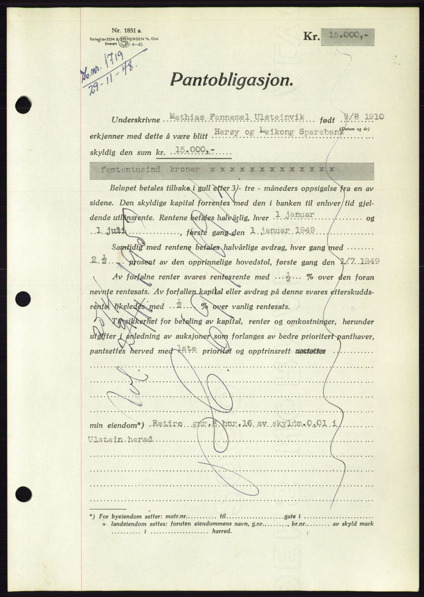 Søre Sunnmøre sorenskriveri, AV/SAT-A-4122/1/2/2C/L0116: Pantebok nr. 4B, 1948-1949, Dagboknr: 1719/1948