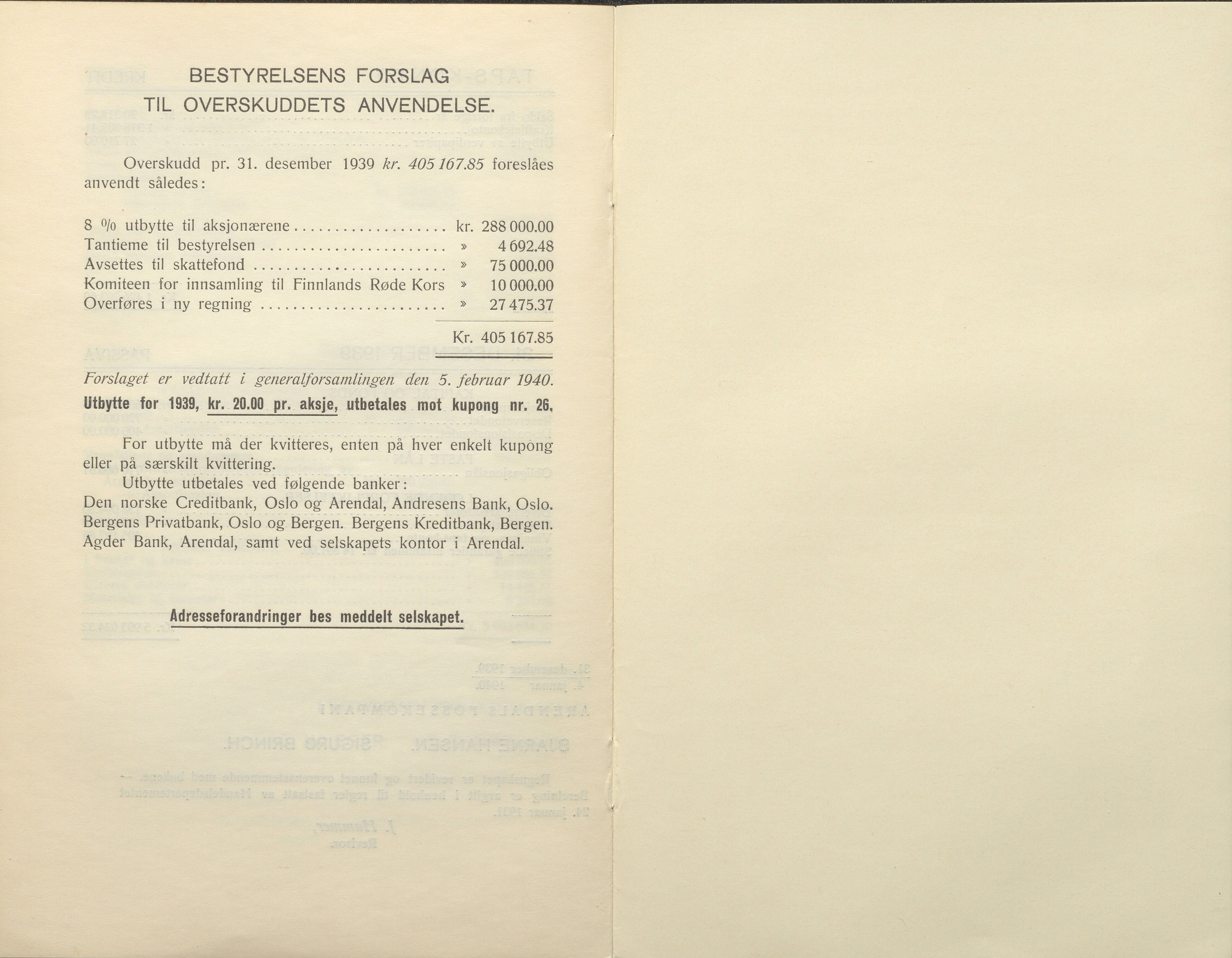 Arendals Fossekompani, AAKS/PA-2413/X/X01/L0001/0010: Beretninger, regnskap, balansekonto, gevinst- og tapskonto / Årsberetning og regnskap 1936 - 1942, 1936-1942