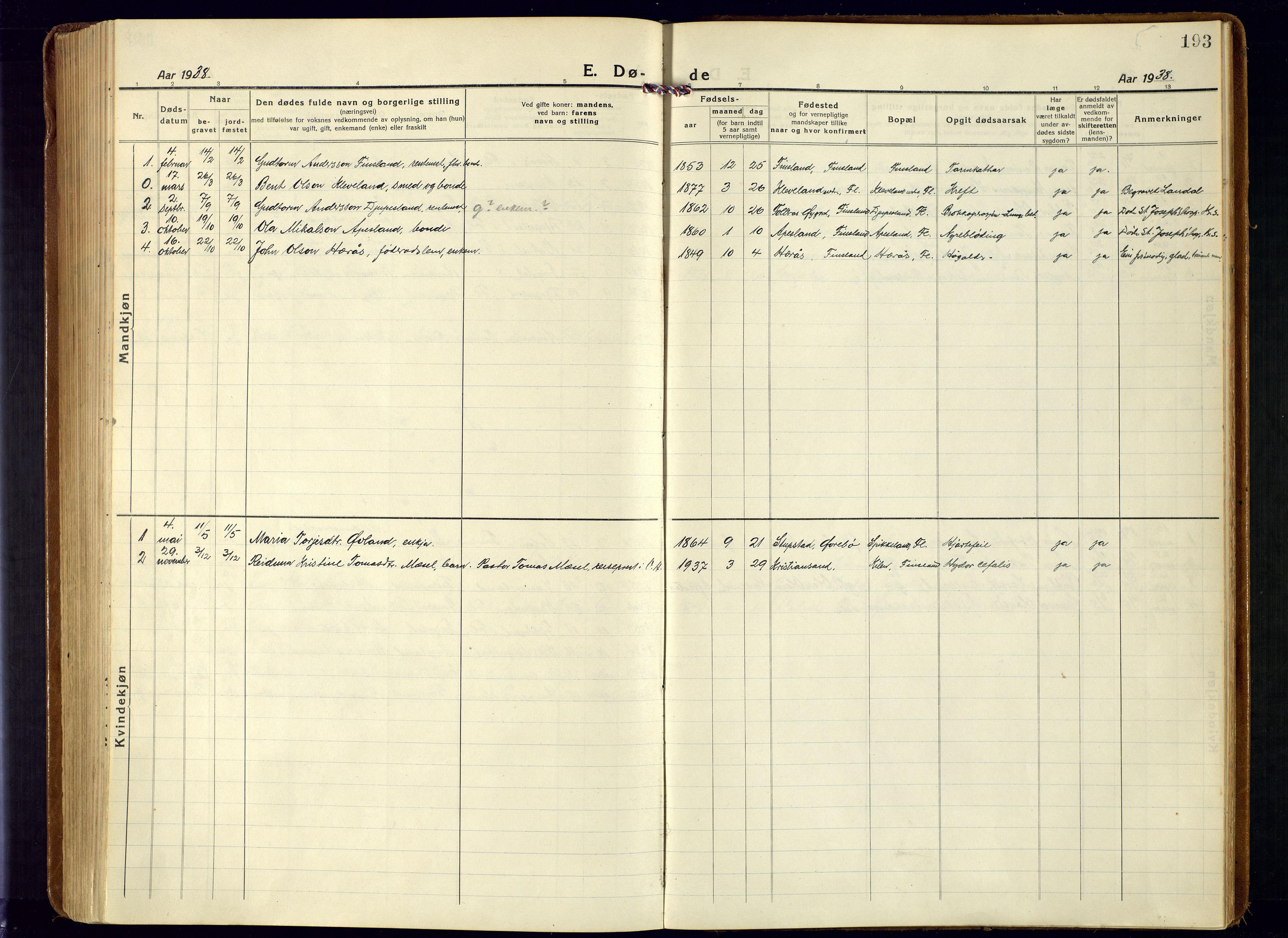 Bjelland sokneprestkontor, SAK/1111-0005/F/Fa/Fab/L0005: Ministerialbok nr. A 5, 1921-1951, s. 193