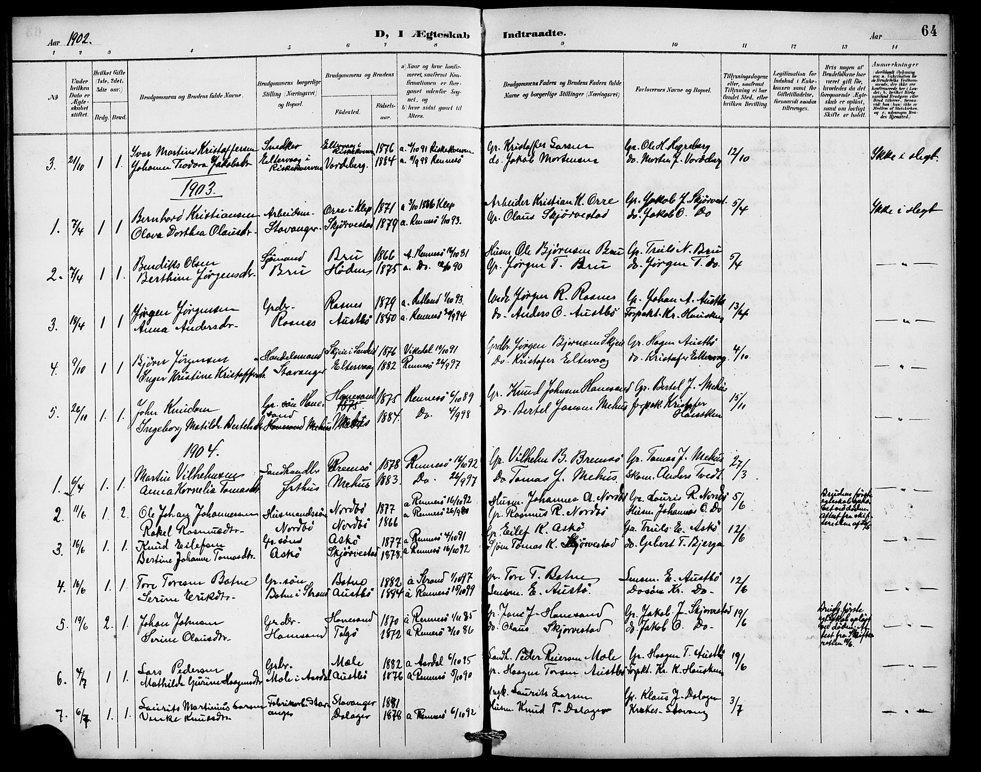 Rennesøy sokneprestkontor, SAST/A -101827/H/Ha/Hab/L0010: Klokkerbok nr. B 9, 1890-1918, s. 64