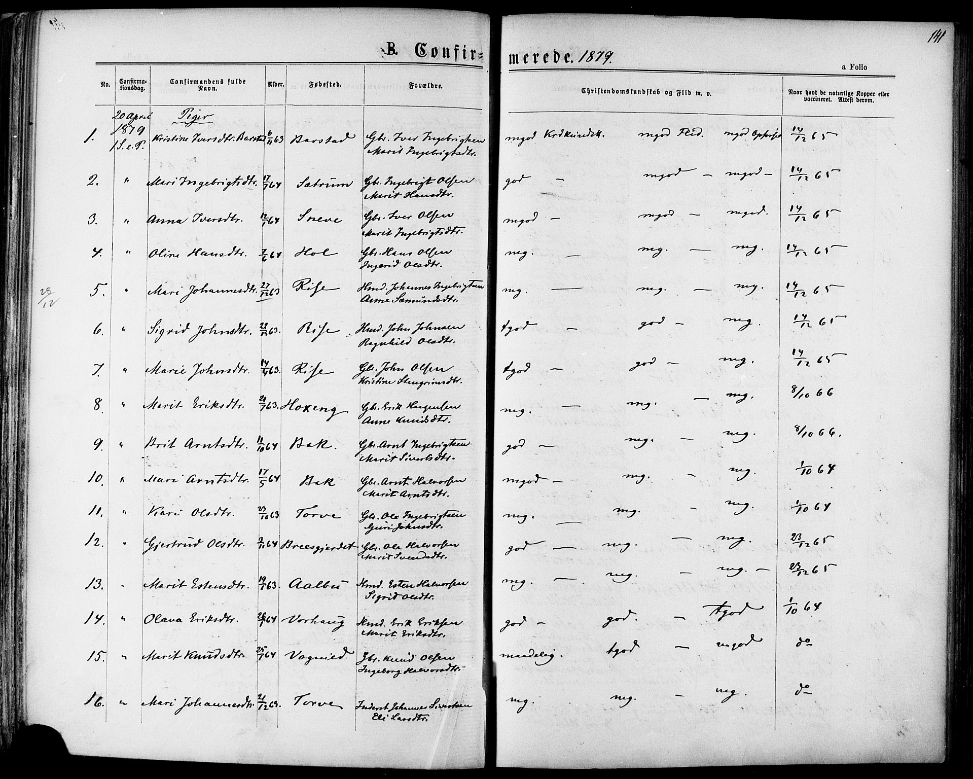 Ministerialprotokoller, klokkerbøker og fødselsregistre - Sør-Trøndelag, AV/SAT-A-1456/678/L0900: Ministerialbok nr. 678A09, 1872-1881, s. 141