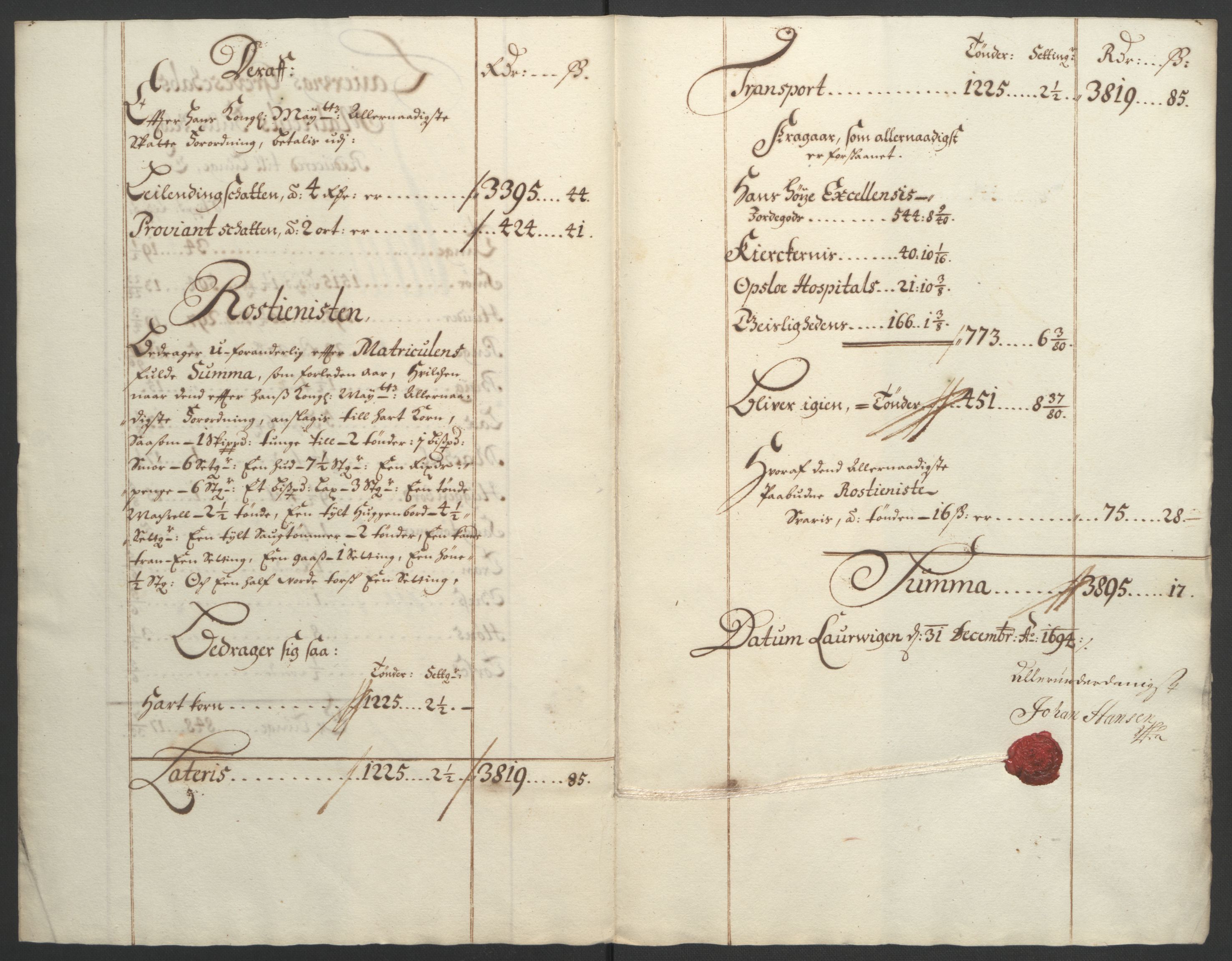 Rentekammeret inntil 1814, Reviderte regnskaper, Fogderegnskap, RA/EA-4092/R33/L1974: Fogderegnskap Larvik grevskap, 1693-1695, s. 86