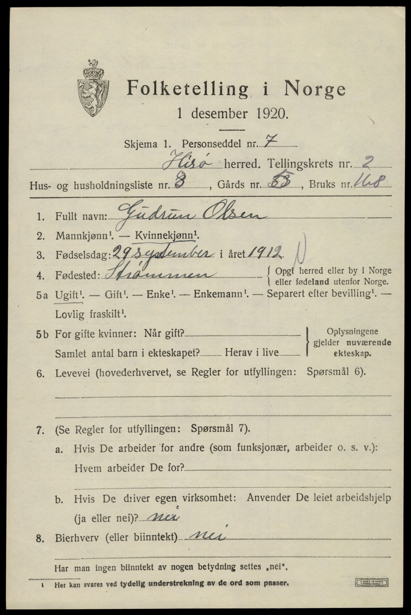SAK, Folketelling 1920 for 0922 Hisøy herred, 1920, s. 2484