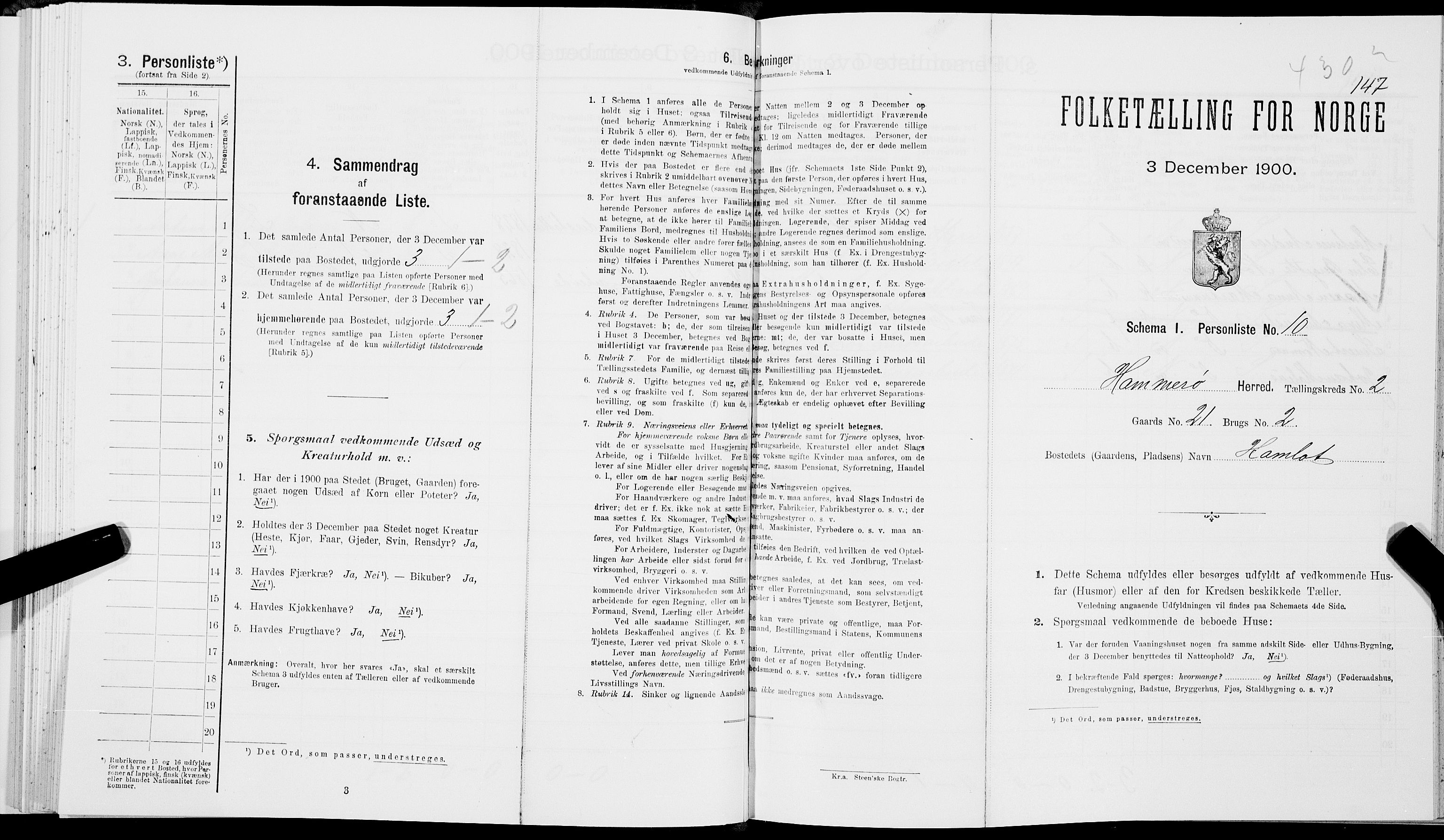 SAT, Folketelling 1900 for 1849 Hamarøy herred, 1900, s. 164