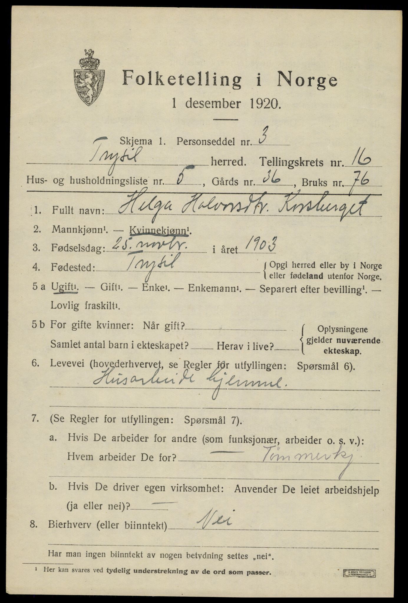 SAH, Folketelling 1920 for 0428 Trysil herred, 1920, s. 9493