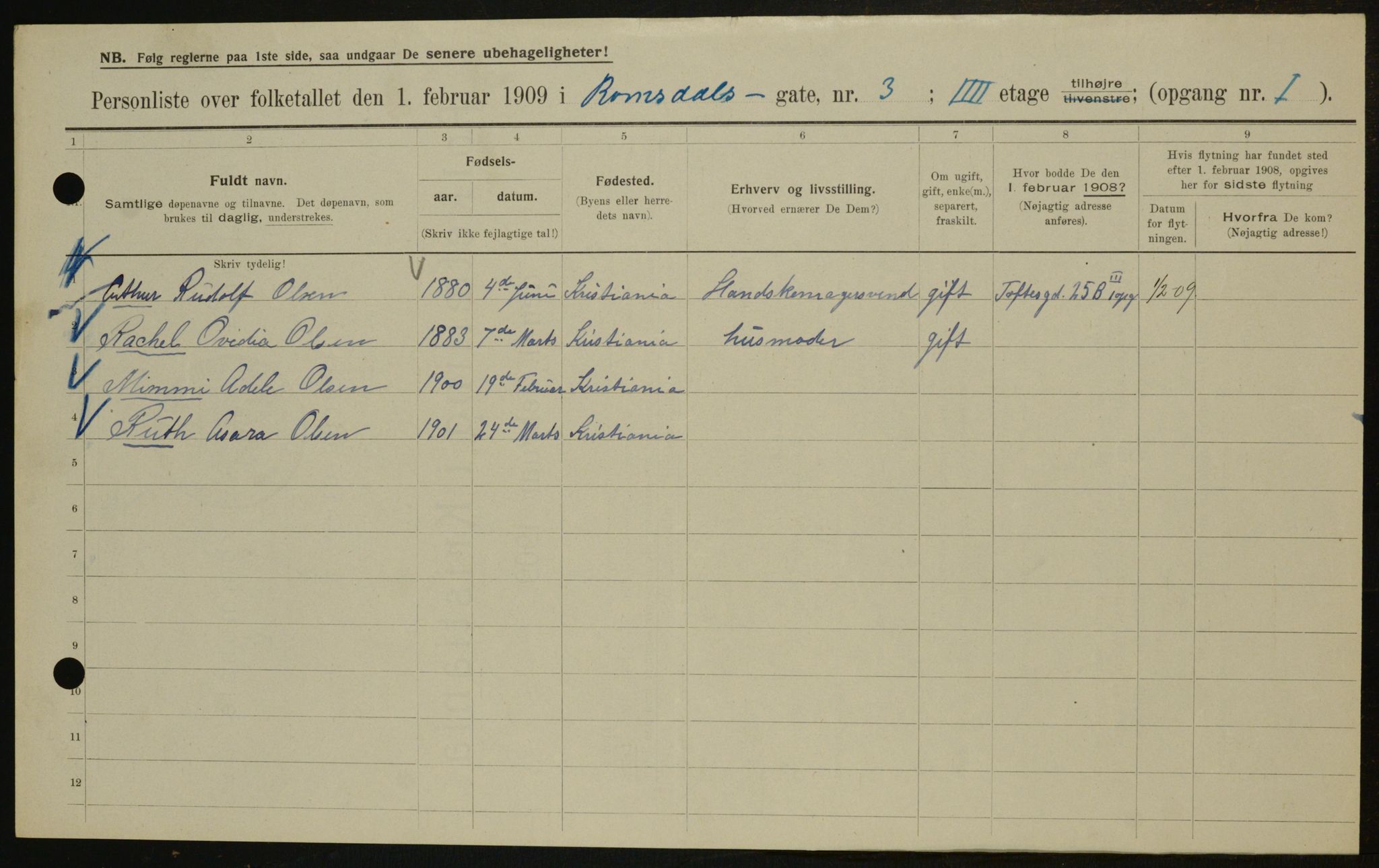 OBA, Kommunal folketelling 1.2.1909 for Kristiania kjøpstad, 1909, s. 75437