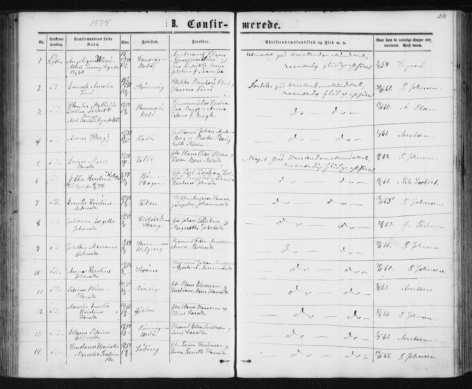 Ministerialprotokoller, klokkerbøker og fødselsregistre - Nordland, AV/SAT-A-1459/801/L0008: Ministerialbok nr. 801A08, 1864-1875, s. 218