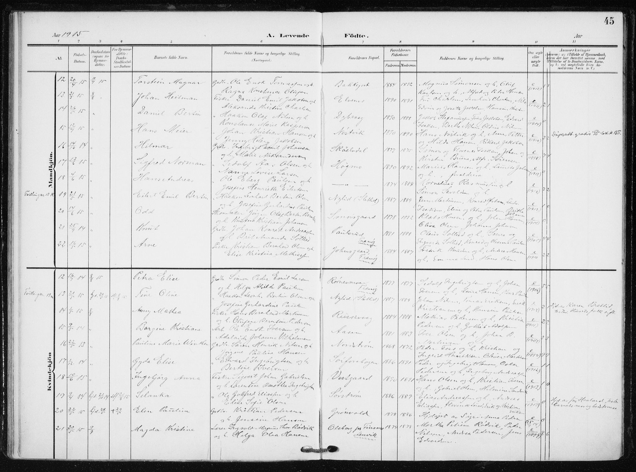 Tranøy sokneprestkontor, AV/SATØ-S-1313/I/Ia/Iaa/L0012kirke: Ministerialbok nr. 12, 1905-1918, s. 45
