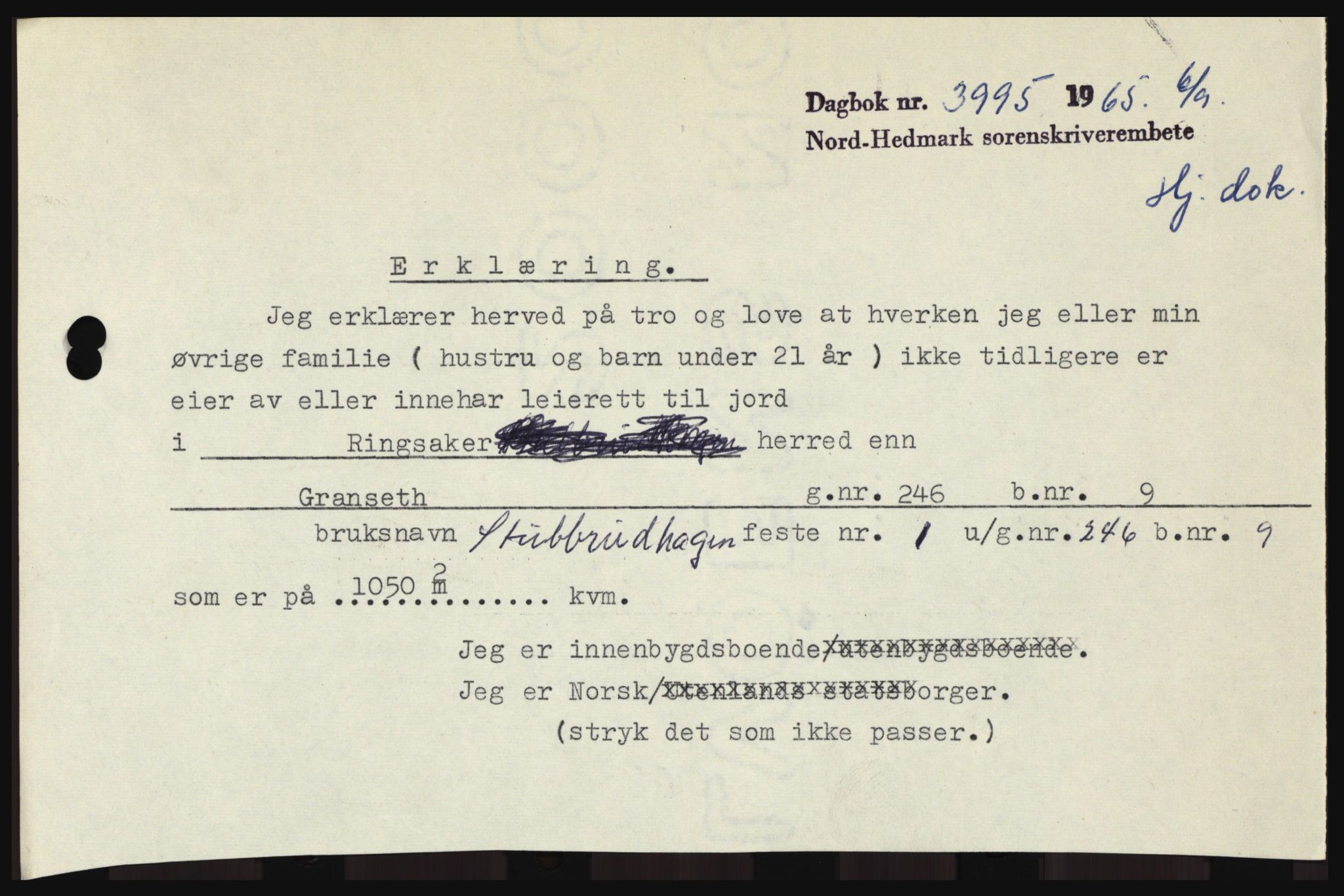 Nord-Hedmark sorenskriveri, SAH/TING-012/H/Hc/L0022: Pantebok nr. 22, 1965-1965, Dagboknr: 3995/1965