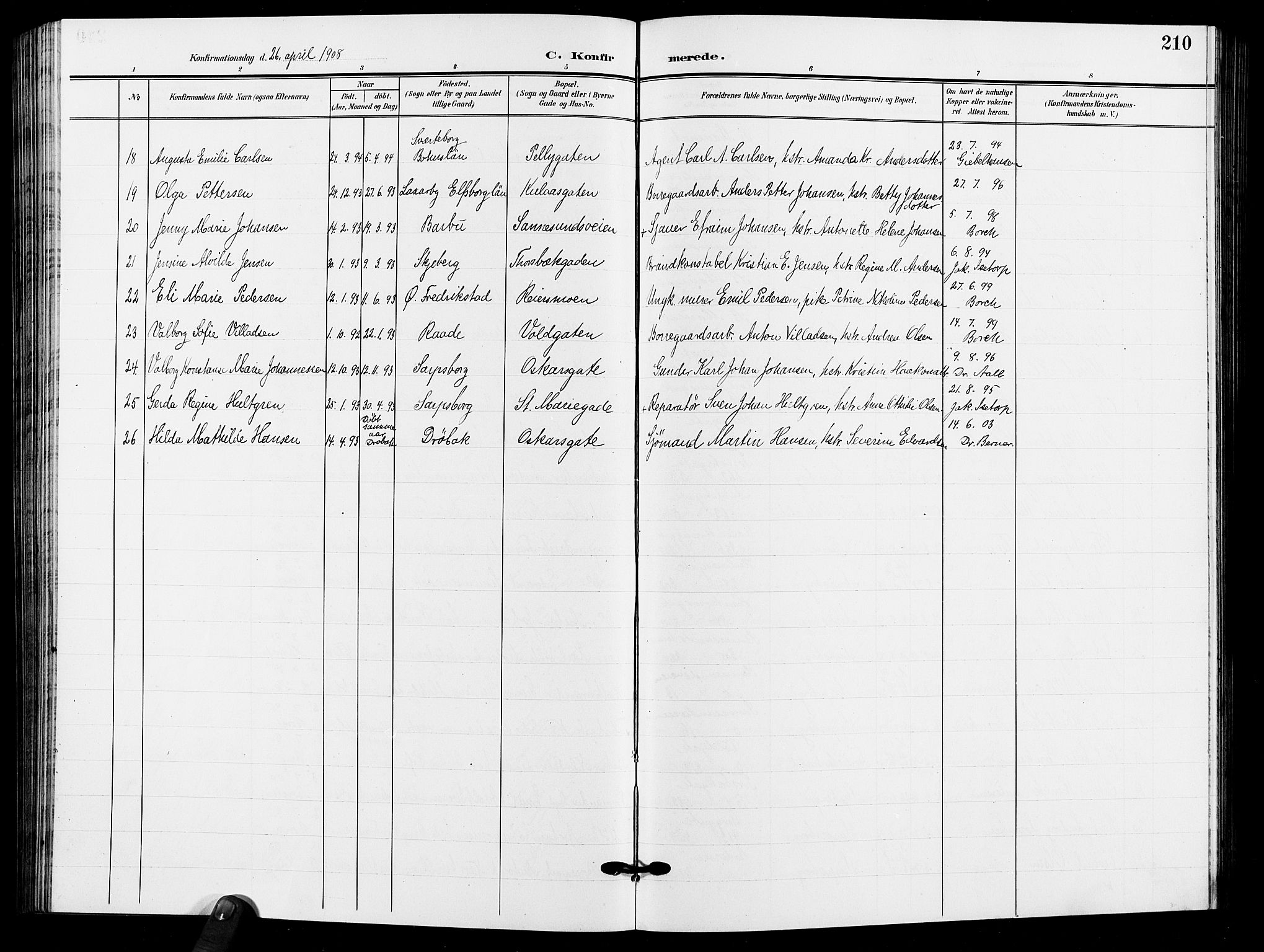Sarpsborg prestekontor Kirkebøker, AV/SAO-A-2006/G/Ga/L0001: Klokkerbok nr. 1, 1902-1911, s. 210
