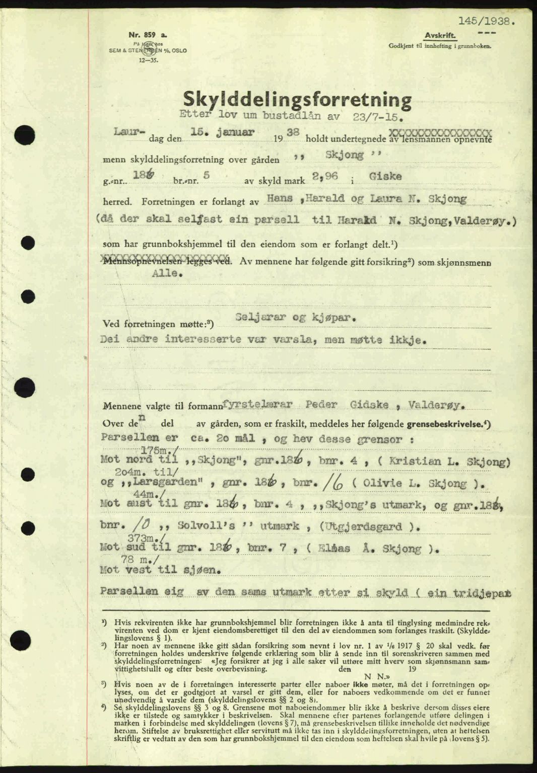 Nordre Sunnmøre sorenskriveri, AV/SAT-A-0006/1/2/2C/2Ca: Pantebok nr. A4, 1937-1938, Dagboknr: 145/1938