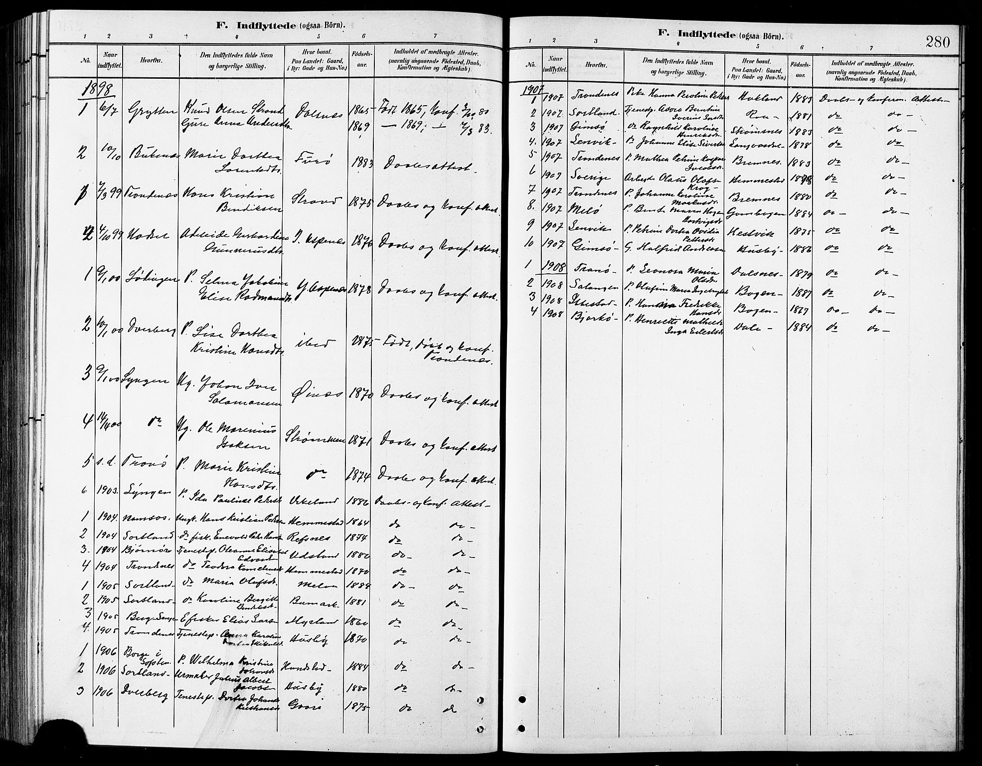 Kvæfjord sokneprestkontor, AV/SATØ-S-1323/G/Ga/Gab/L0005klokker: Klokkerbok nr. 5, 1886-1911, s. 280