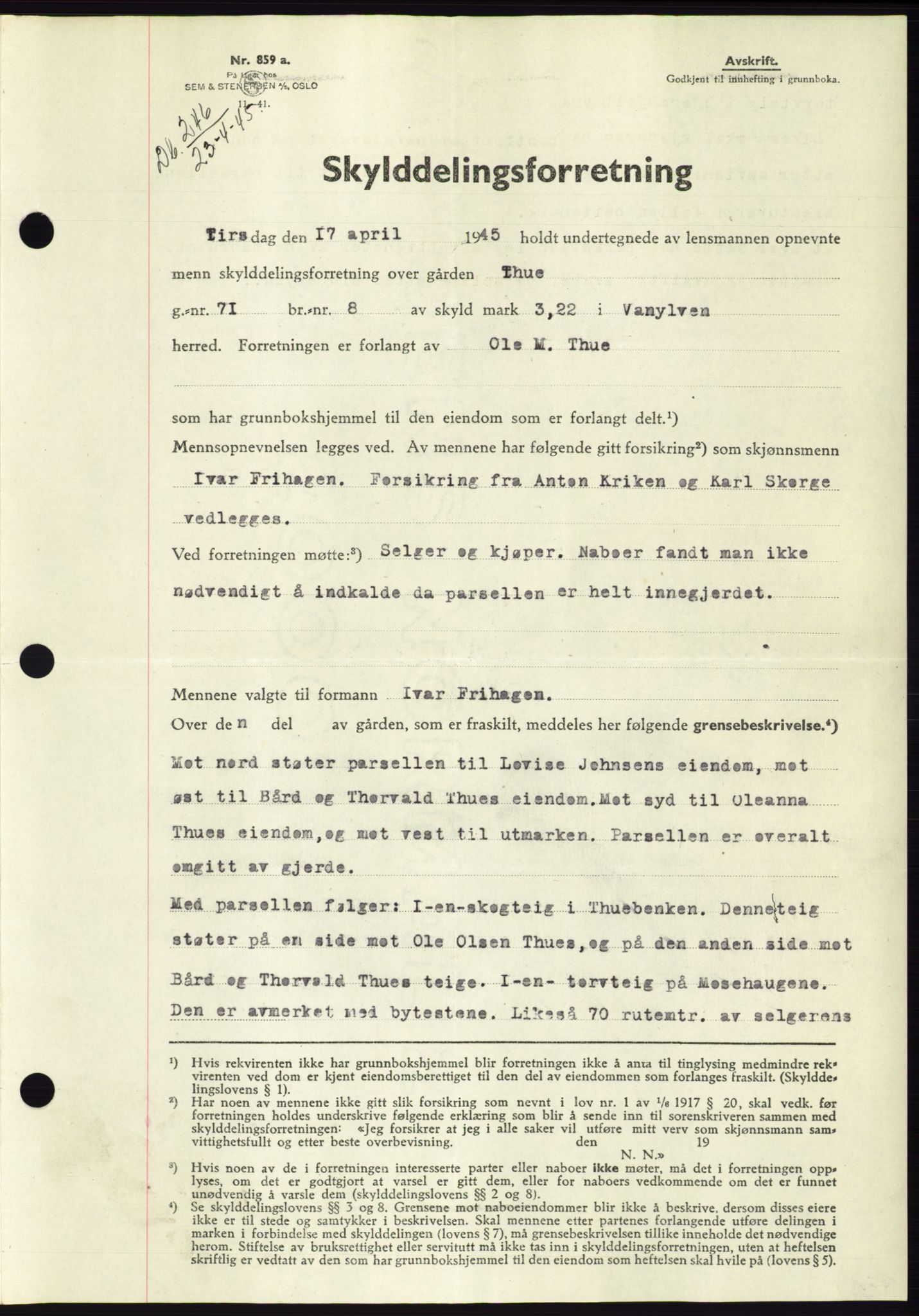 Søre Sunnmøre sorenskriveri, SAT/A-4122/1/2/2C/L0077: Pantebok nr. 3A, 1945-1946, Dagboknr: 246/1945