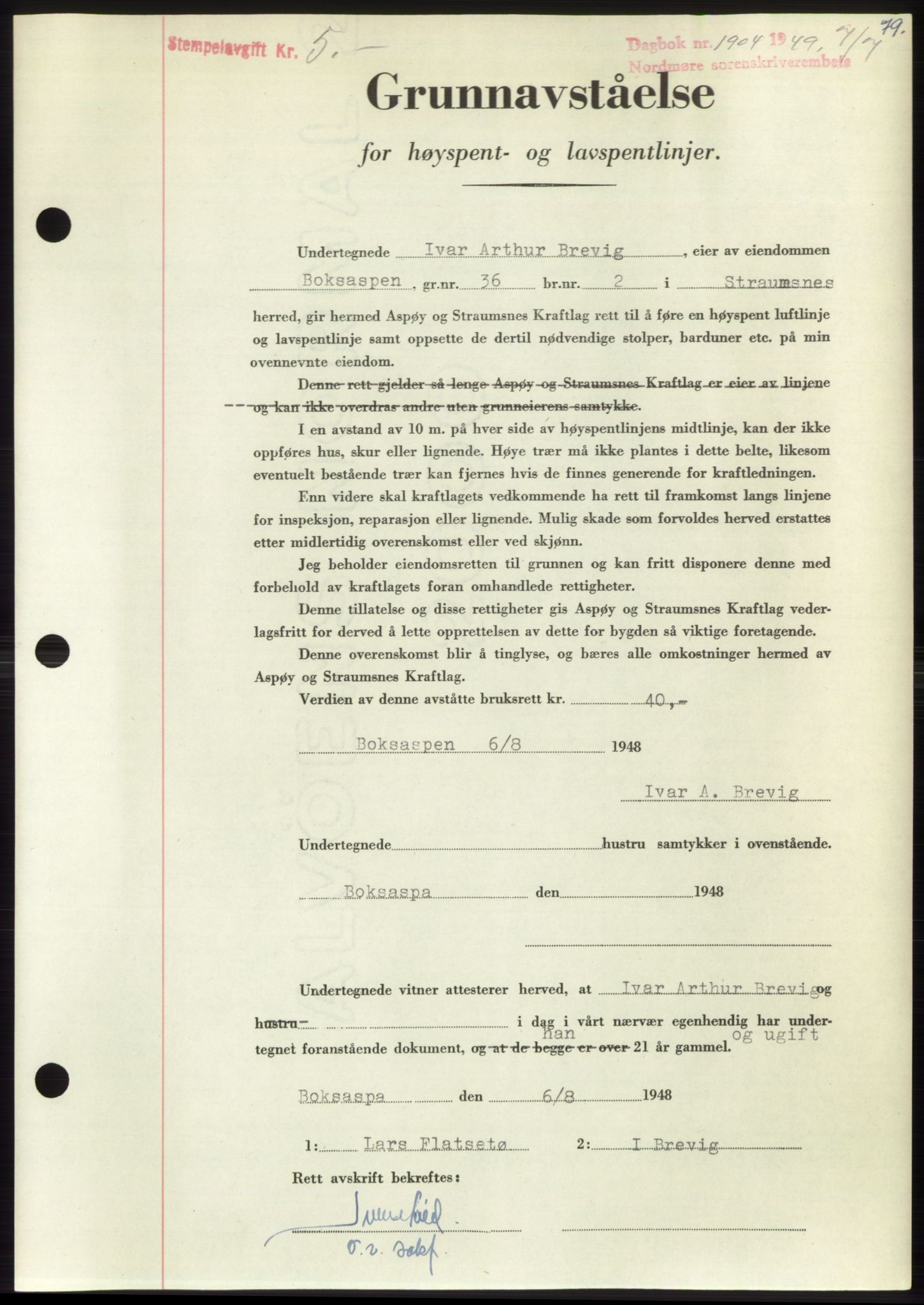 Nordmøre sorenskriveri, AV/SAT-A-4132/1/2/2Ca: Pantebok nr. B102, 1949-1949, Dagboknr: 1904/1949